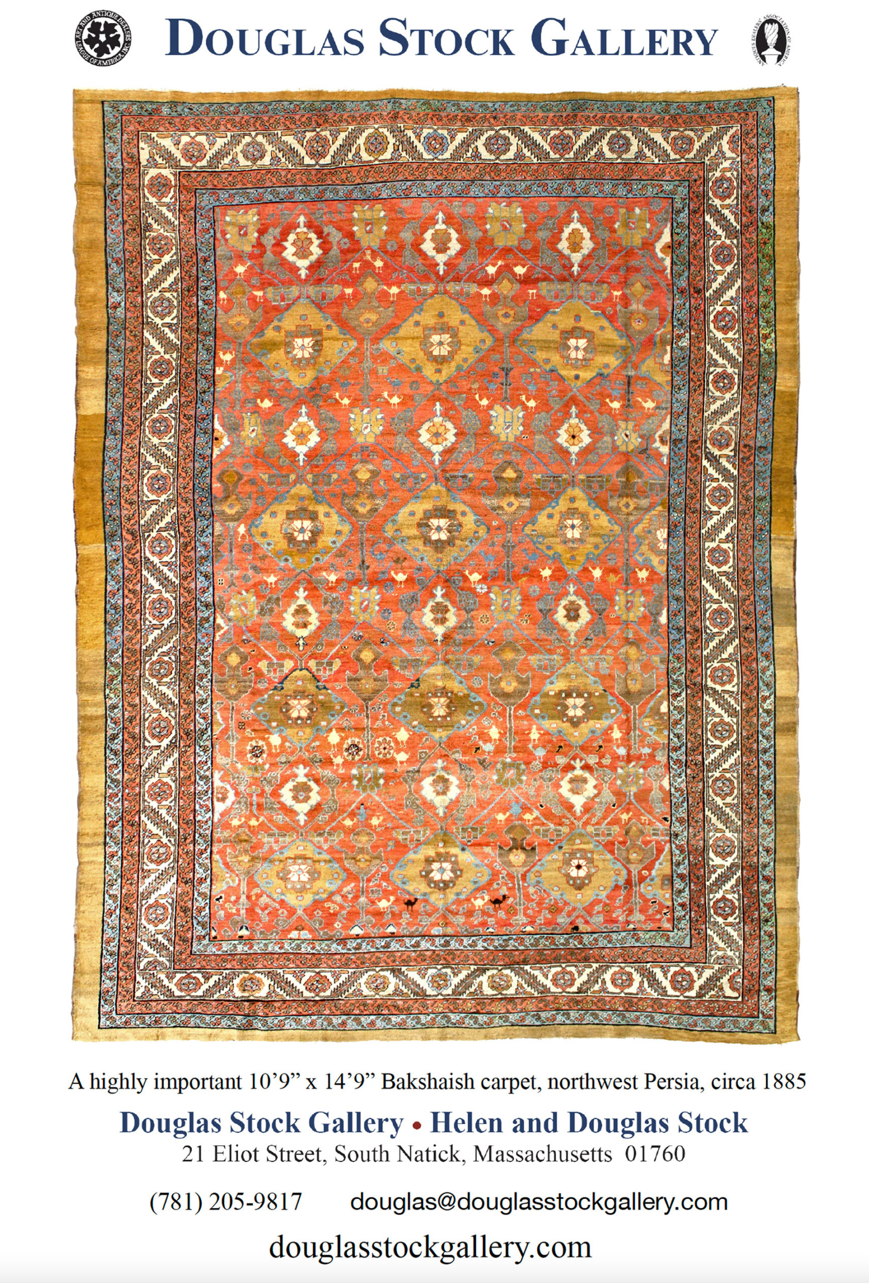 Douglas Stock Gallery advertisement for an antique Persian Bakshaish carpet in the January 2022 issue of The Magazine Antiques