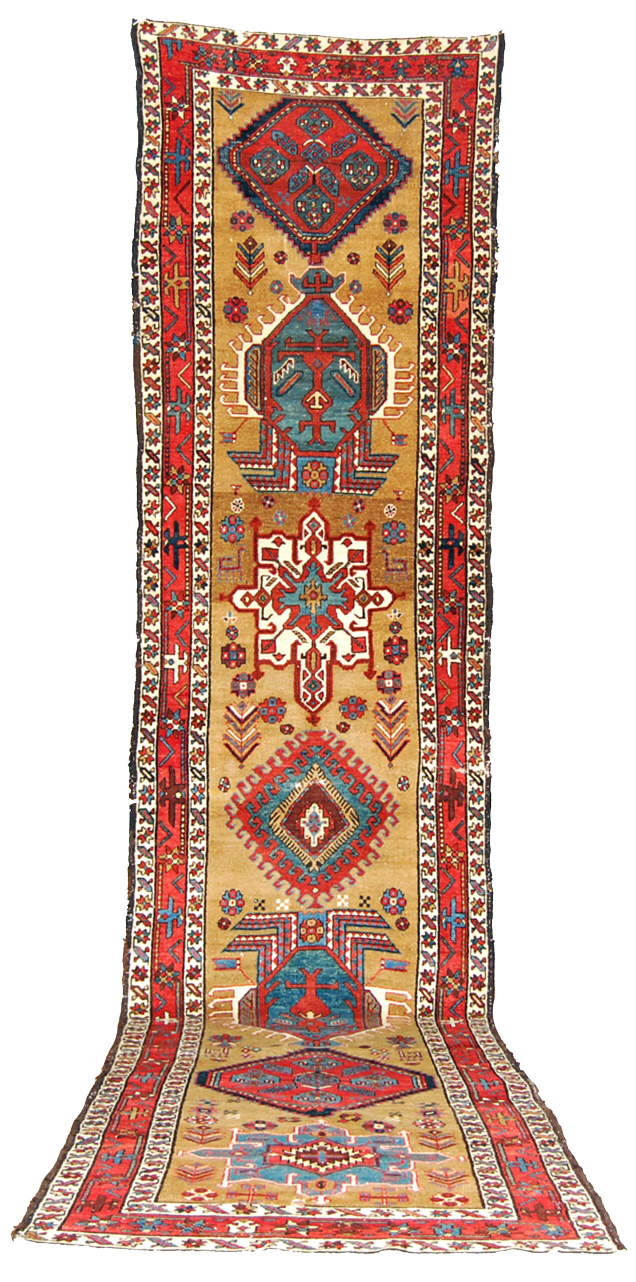 Antique northwest Persian Heriz "Serapi" runner rug with yellow-camel color field, Douglas Stock Gallery, antique rugs Boston,MA area, antique runner rugs, antique Heriz rugs, antique Oriental rugs New England