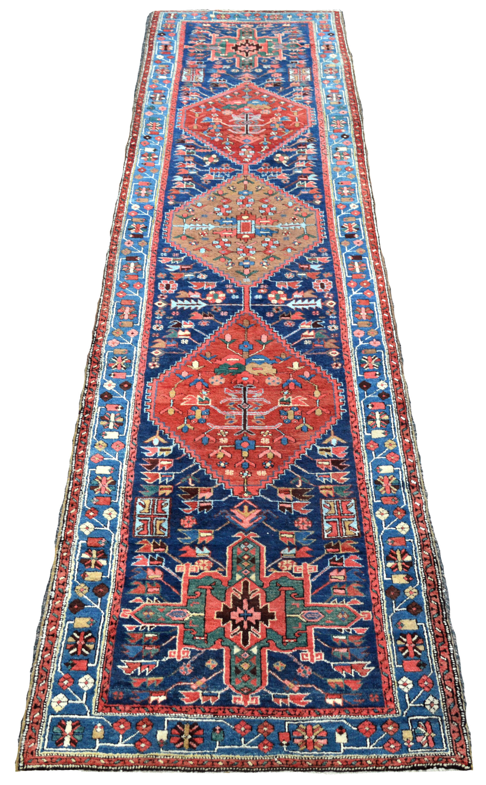 Antique Heriz runner with medallions on a navy blue field, northwest Persia, circa 1910, Douglas Stock Gallery, antique Oriental runner rugs, antique Persian runner rugs, antique rugs Boston,MA area South Natick