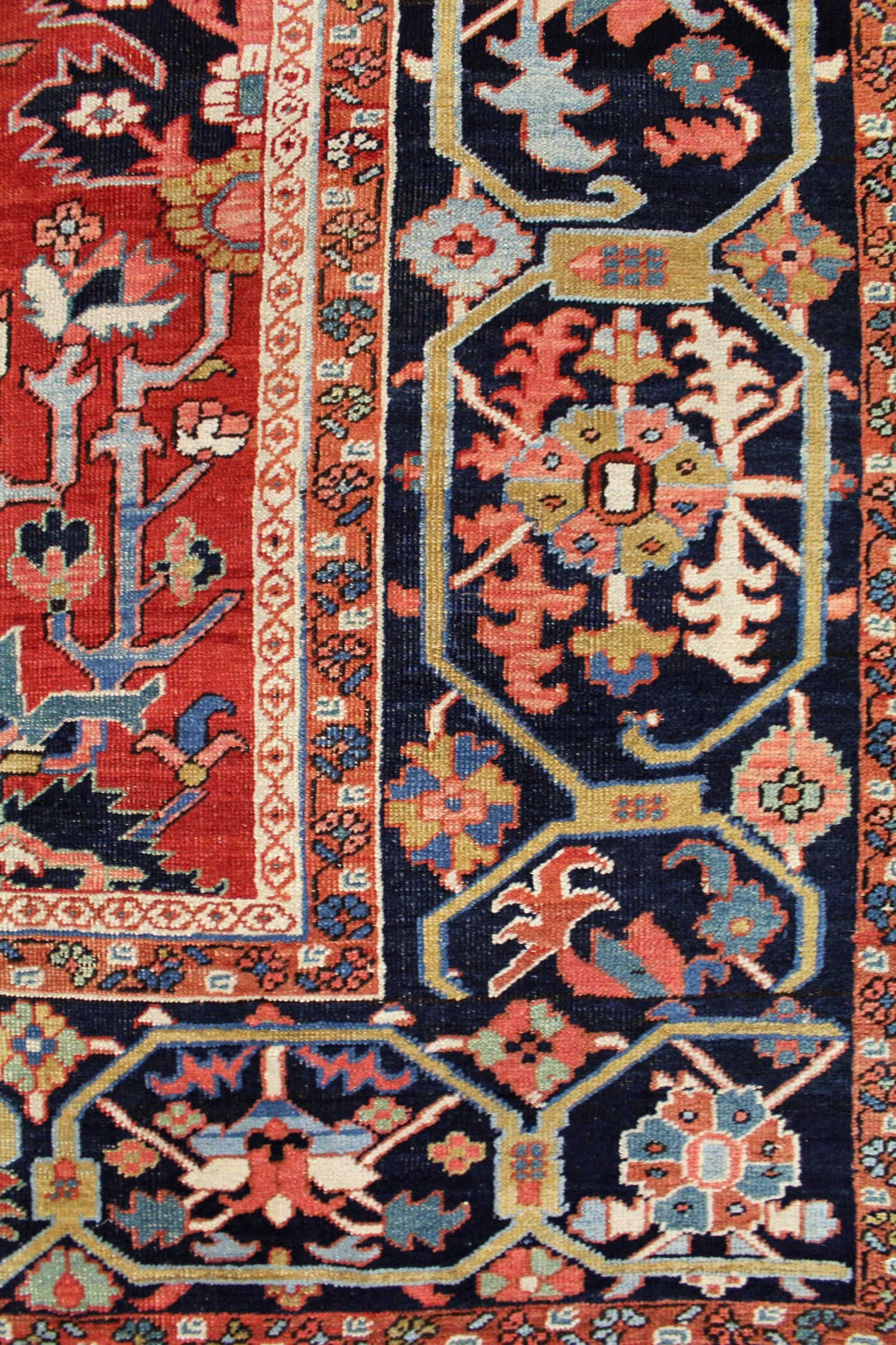 Detail of the navy blue border from an antique Persian Heriz "Serapi" carpet. The brick red field is decorated with stylized leaves and flowers and framed by a navy blue border. Douglas Stock Gallery, antique Oriental rugs and antique Persian carpets Boston,MA area