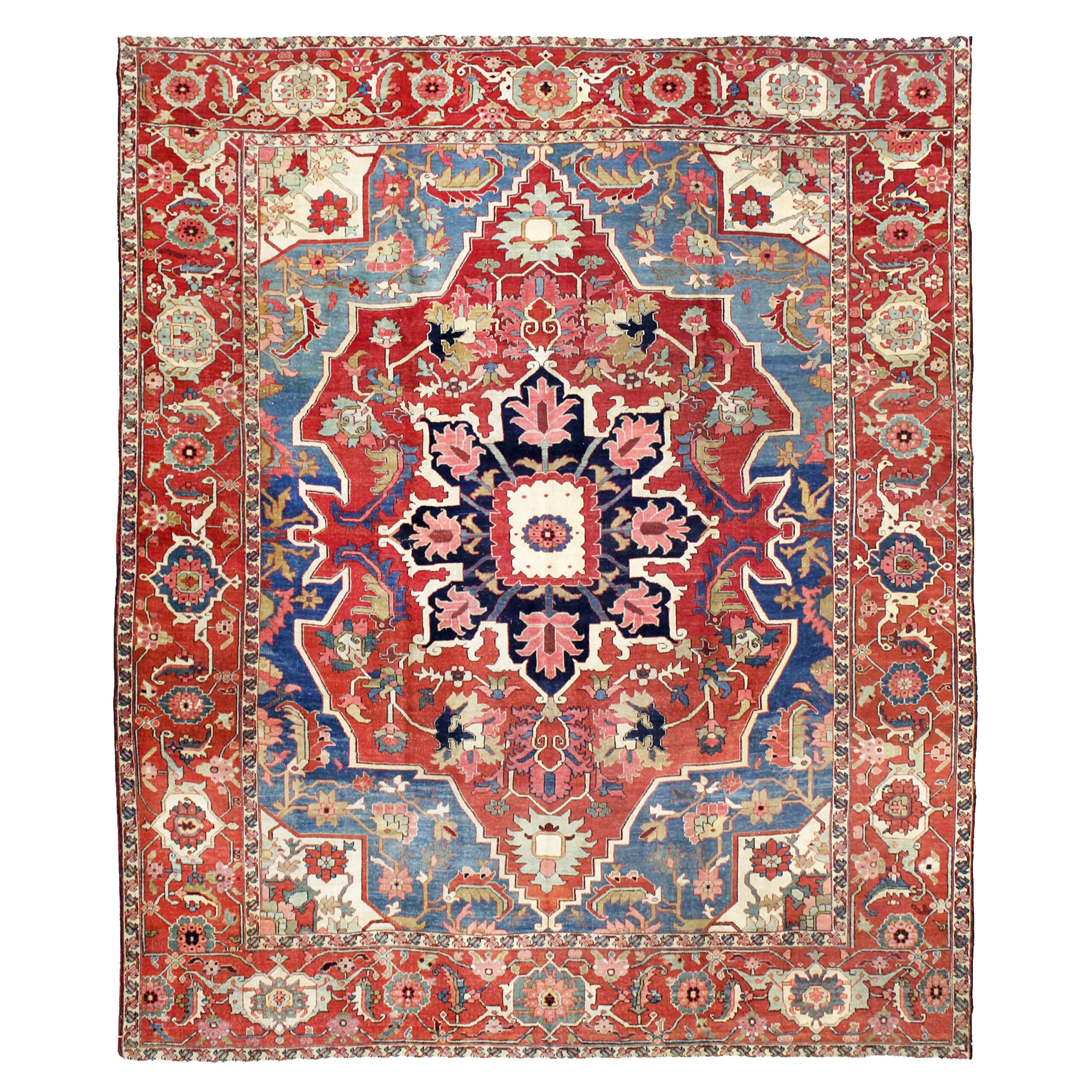 Antique Persian Heriz Serapi carpet with prized denim blue field, Douglas Stock Gallery, antique carpets Boston,MA area, antique Persian carpets