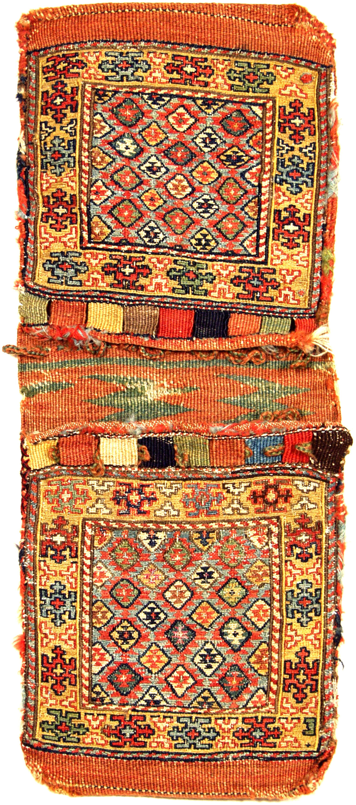 Pair of antique Shah Savan soumak bags, probably woven in the Bidjar area in northwest Persia, Douglas Stock Gallery, antique rugs Boston,MA area, antique rugs New England