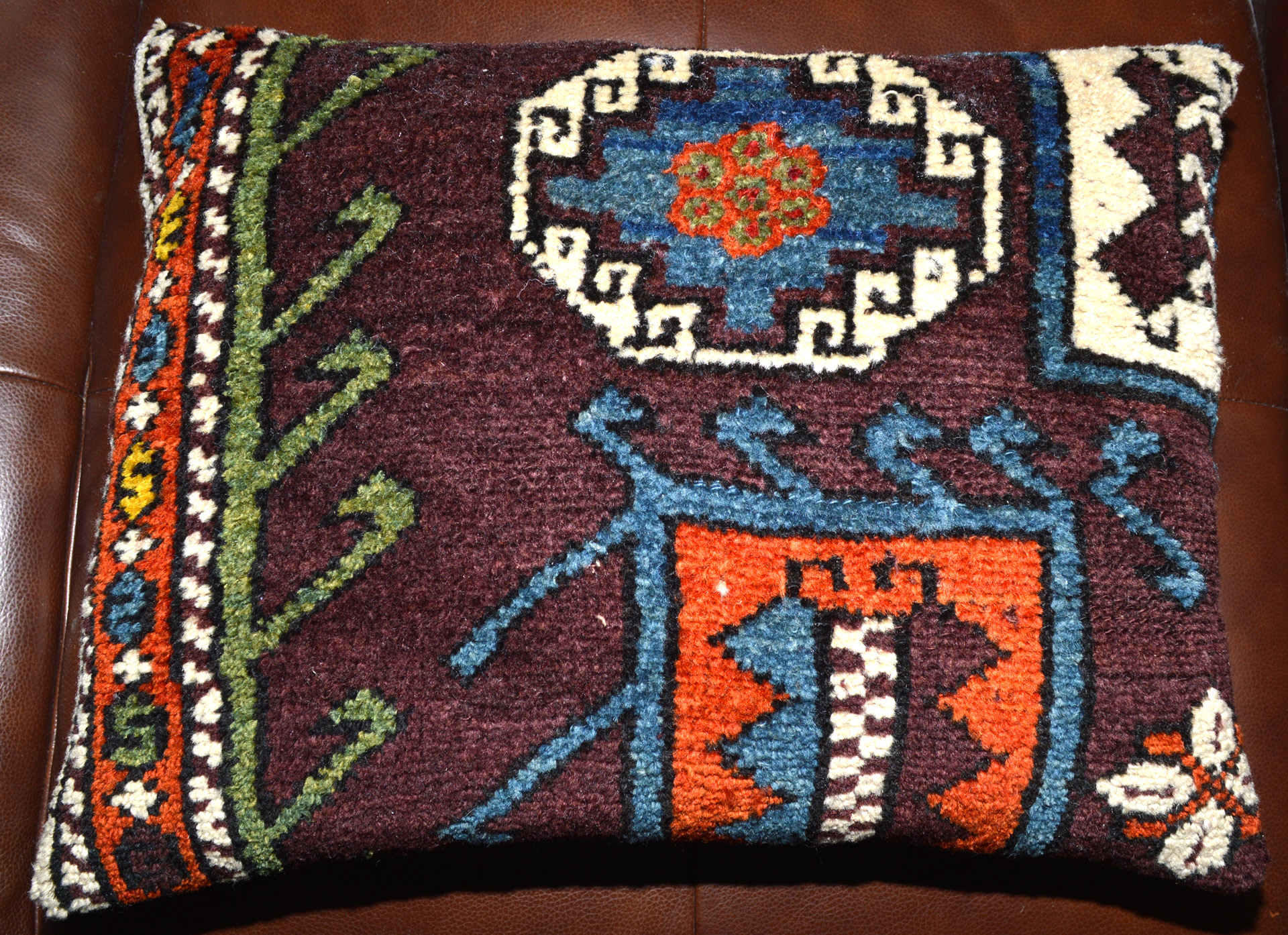18" x 14" pillow made from a fragment of an antique Turkish Canakkale Bergama rug (pillow #2), antique Oriental rug pillows, antique Oriental rug cushions Boston,MA area, Douglas Stock Gallery