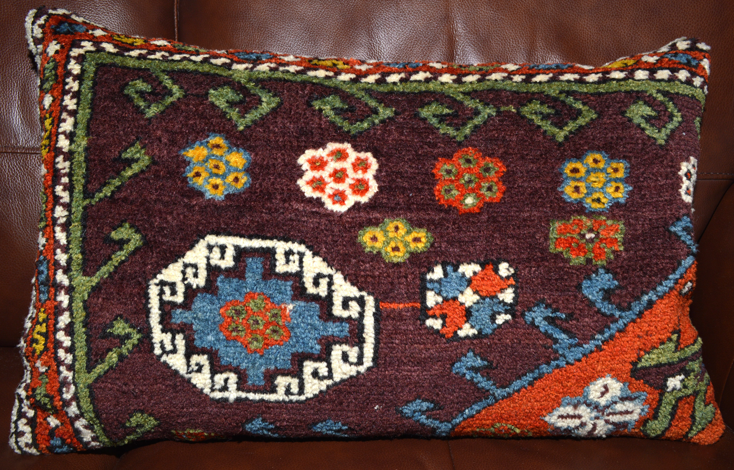 Antique Turkish rug fragment pillow, antique rug cushion, Douglas Stock Gallery, antique rugs Boston,MA area