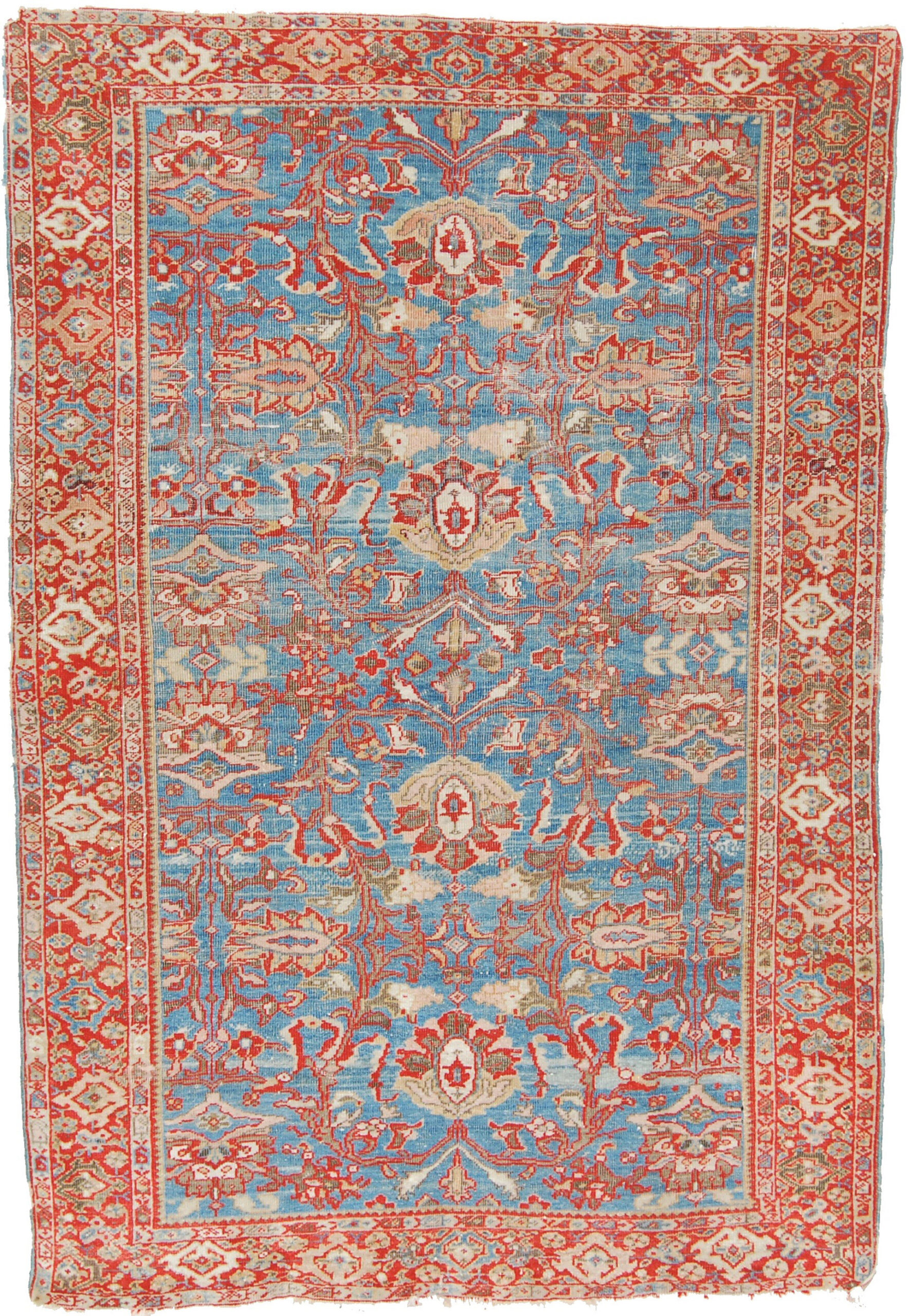 Small antique Persian Sultanabad rug with stylized floral forms on a variegated sy blue field, Douglas Stock Gallery, antique Oriental rugs Boston,MA area, antique rugs New York