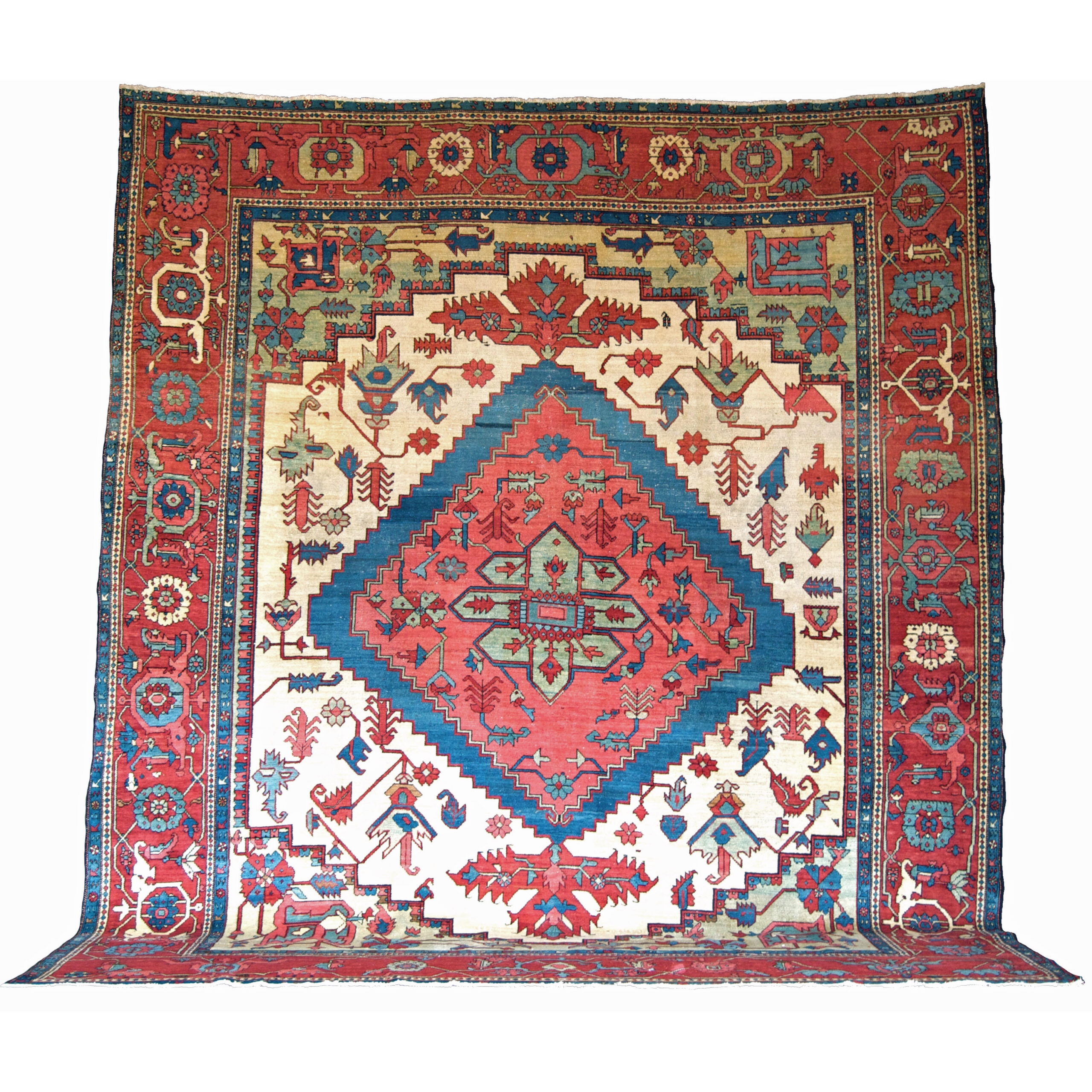 Douglas Stock Gallery Antique Oriental Rug Research Archives are an excellent source of information for people interested in learning more about antique Persia, Caucasian and other types of antique Oriental rugs, antique Heriz Serapi carpet with a denim and coral medallion on an ivory field that is framed by grass green corner spandrels and a brick red Turtle border, Douglas Stock Gallery, antique Persian carpets Boston,MA area, antique Oriental rugs New England, antique rugs New York