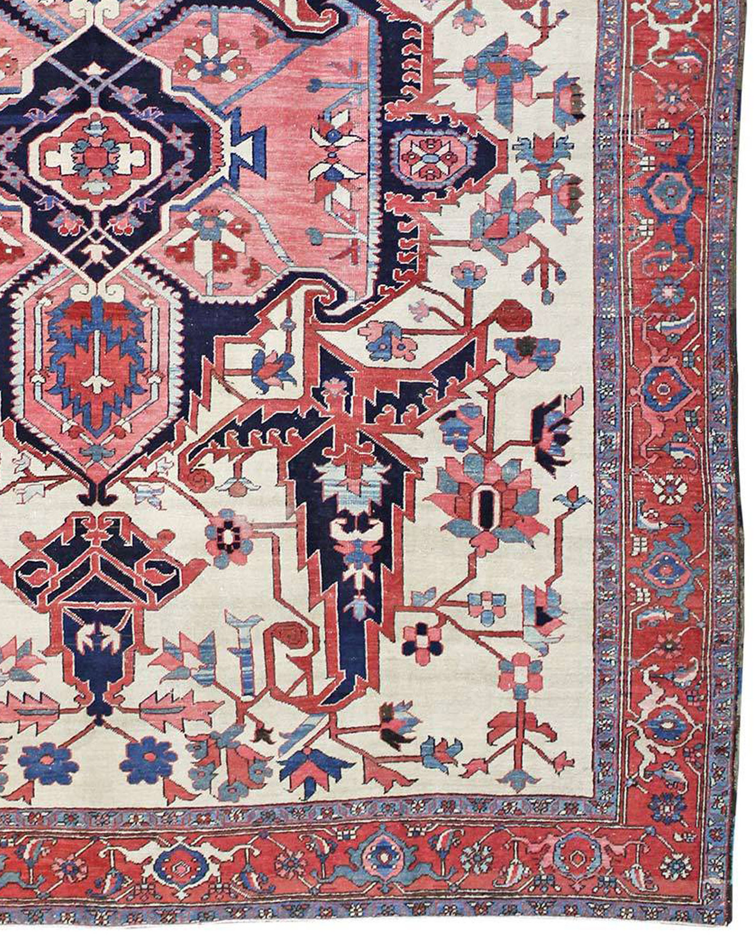 Detail of the large leaves and ancillary stylized floral decoration in the ivory field from an antique Persian Heriz Serapi carpet, Douglas Stock Gallery