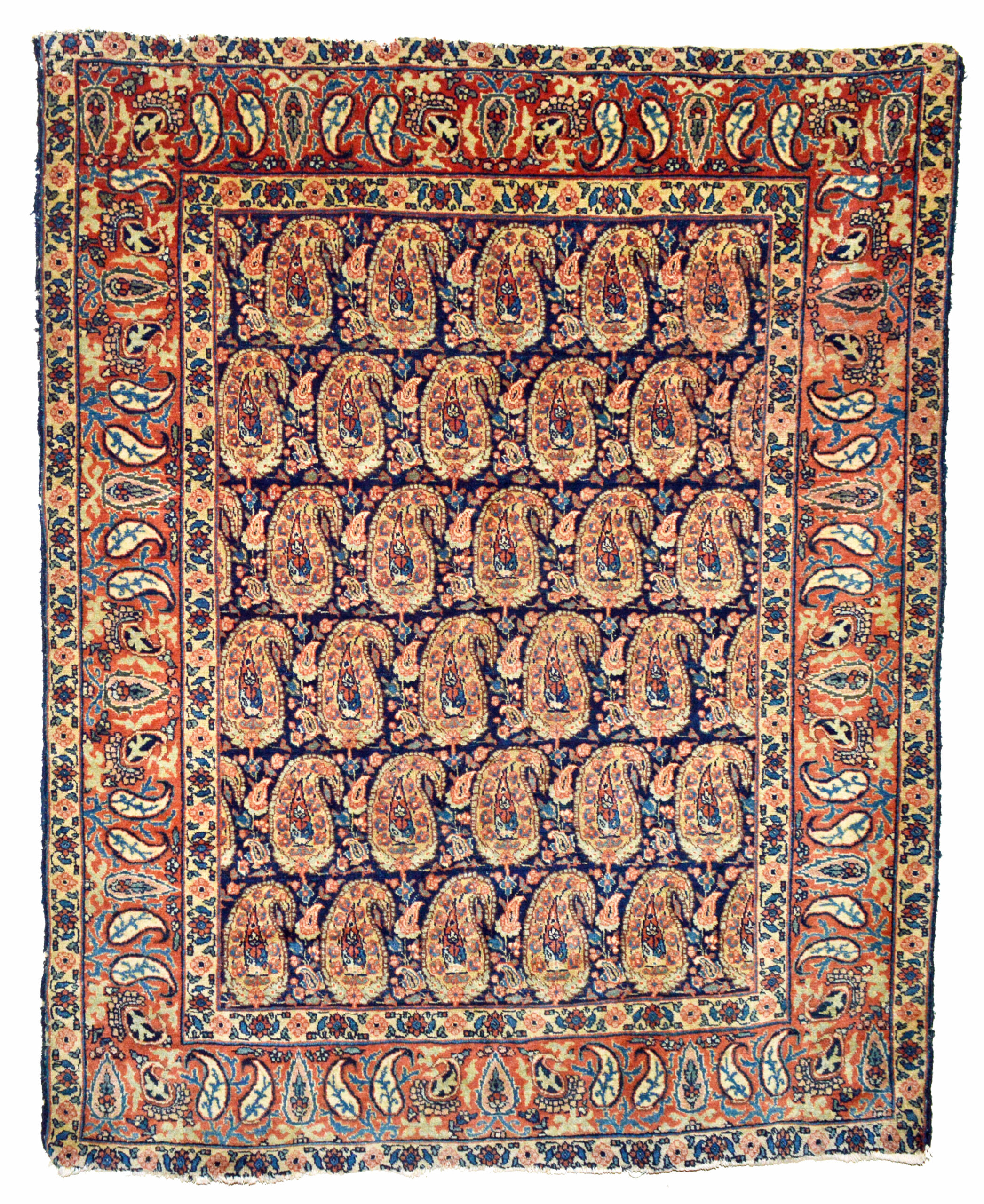 A finely woven Afshar tribal rug, probably from the Kerman area in south Persia, circa 1910. The navy field is decorated with large Boteh (Paisley shape motifs) and framed by a terra cotta color border - Douglas Stock Gallery, antique tribal rugs