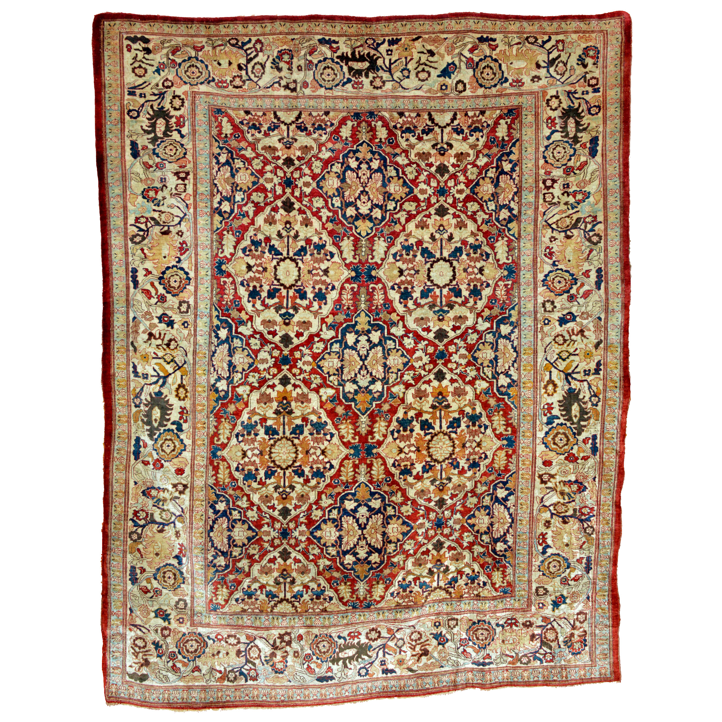 Antique Persian silk Heriz or Tabriz with an ivory and burgundy panel design, Douglas Stock Gallery, antique Persian rugs Boston,MA area