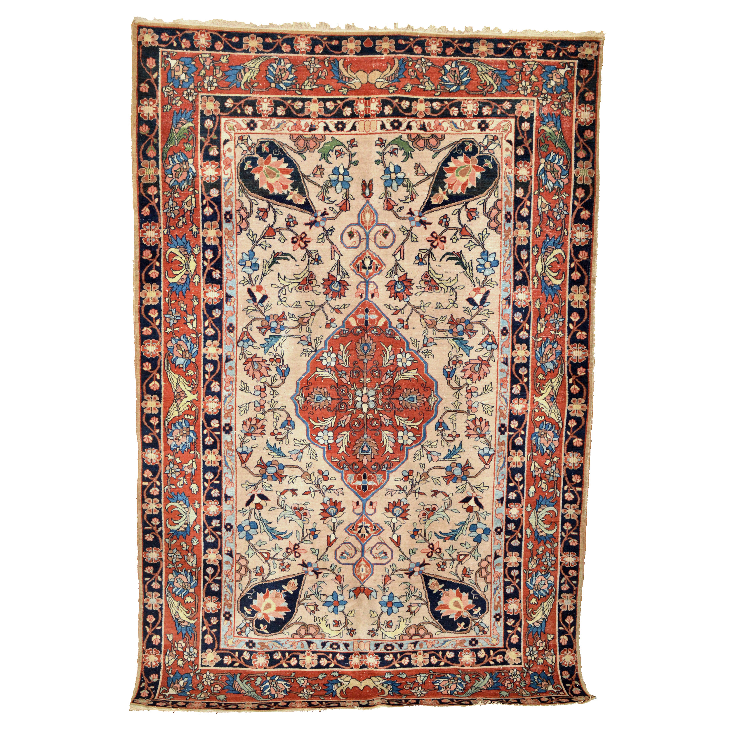 An antique Persian rug probably woven in the Sarouk area circa 1925. The light camel color field is decorated with a medallion and stylized floral elements - Douglas Stock Gallery, antique Oriental rugs Brookline, Boston, Newton, Wellesley, Weston, Natick,MA area