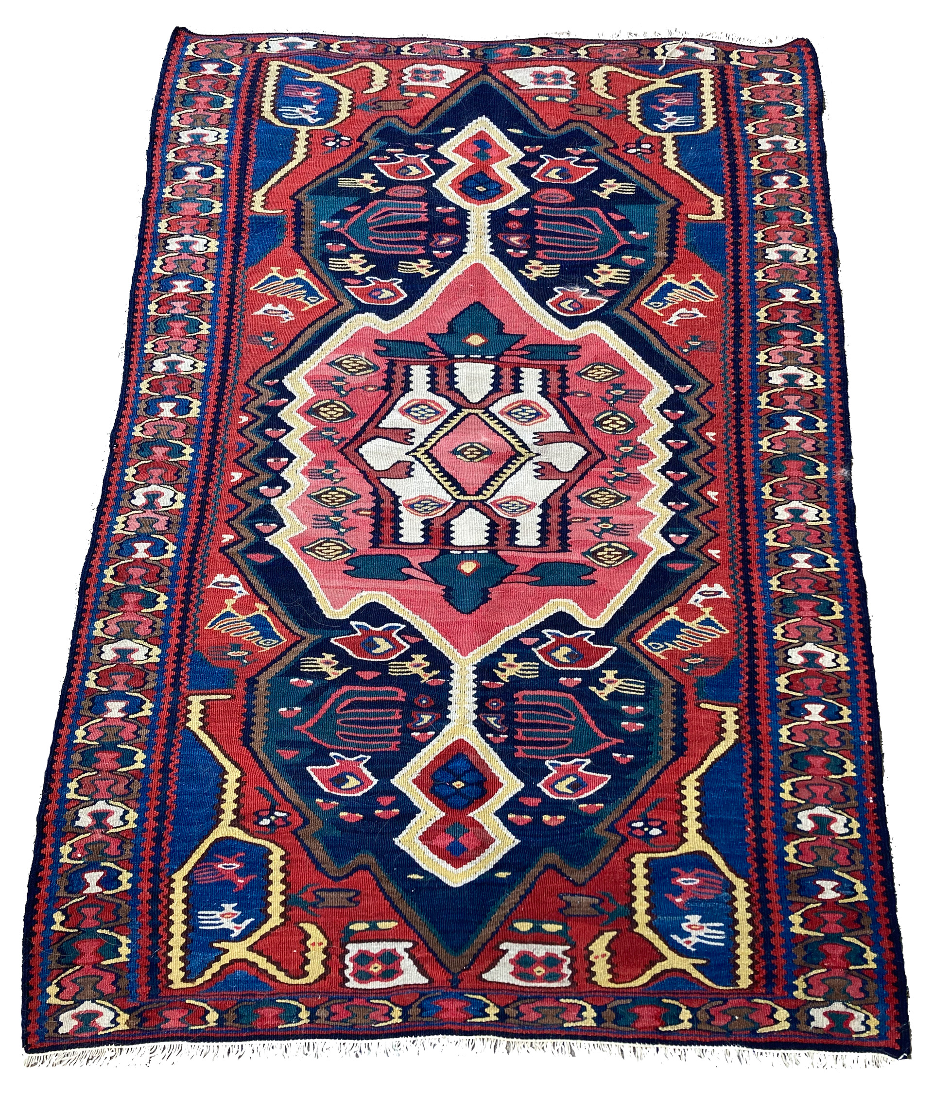 Antique Persian Bidjar kilim flat woven rug with a coral and ivory medallion on a navy field. Douglas Stock Gallery, antique Persian rugs, flat woven rugs, pile rugs, hand woven rugs Boston,MA area, antique rugs South Natick, Wellesley, Dover, Sherborn, Needham,MA area
