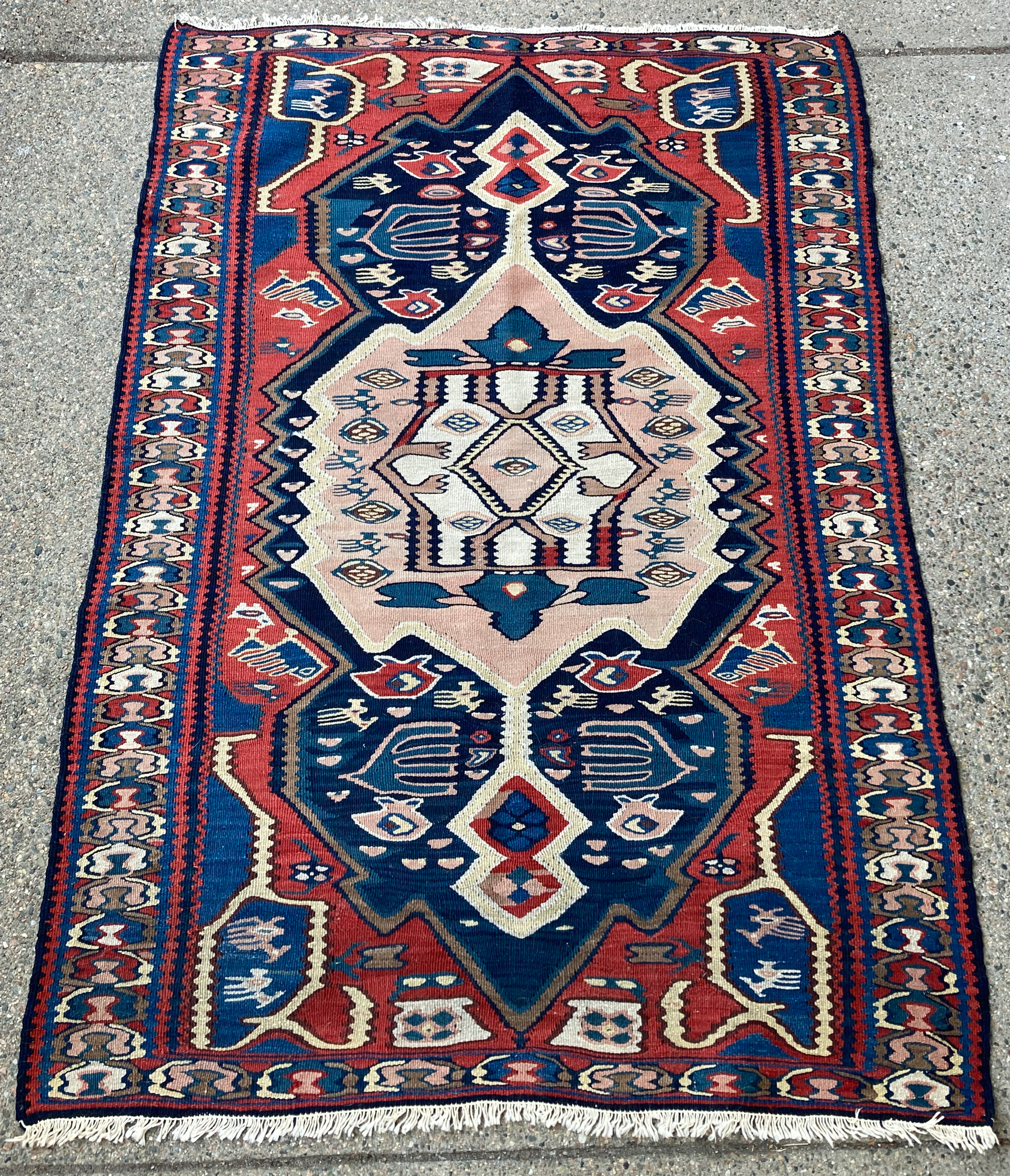 The lighter side of an antique Persian Bidjar flat woven kilim rug, probably faded by exposure to the sun but resulting in a softer, still beautiful palette, Douglas Stock Gallery, antique flat woven kilim rugs Boston,MA area New England