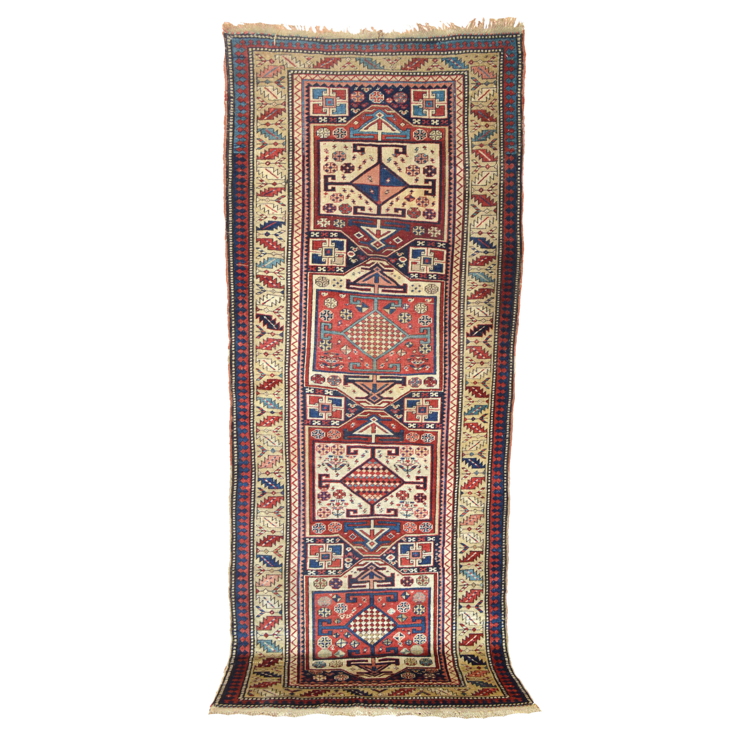 Antique Caucasian Surahni runner rug with a series of medallions framed by a light camel color border with the Leaf and Chalice design, Douglas Stock Gallery, antique Oriental rugs, antique Caucasian rugs, antique runners Boston,MA area