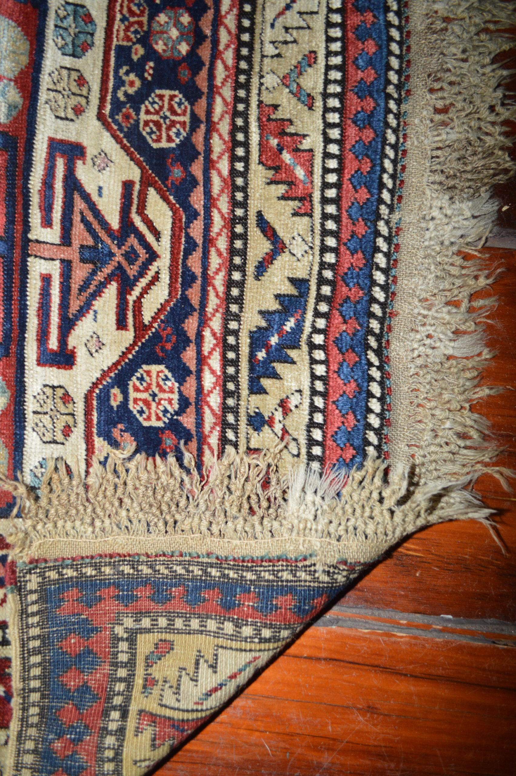 Weave detail from an antique Caucasian Surahani long rug or short runner, Douglas stock Gallery, antique Oriental rugs New England