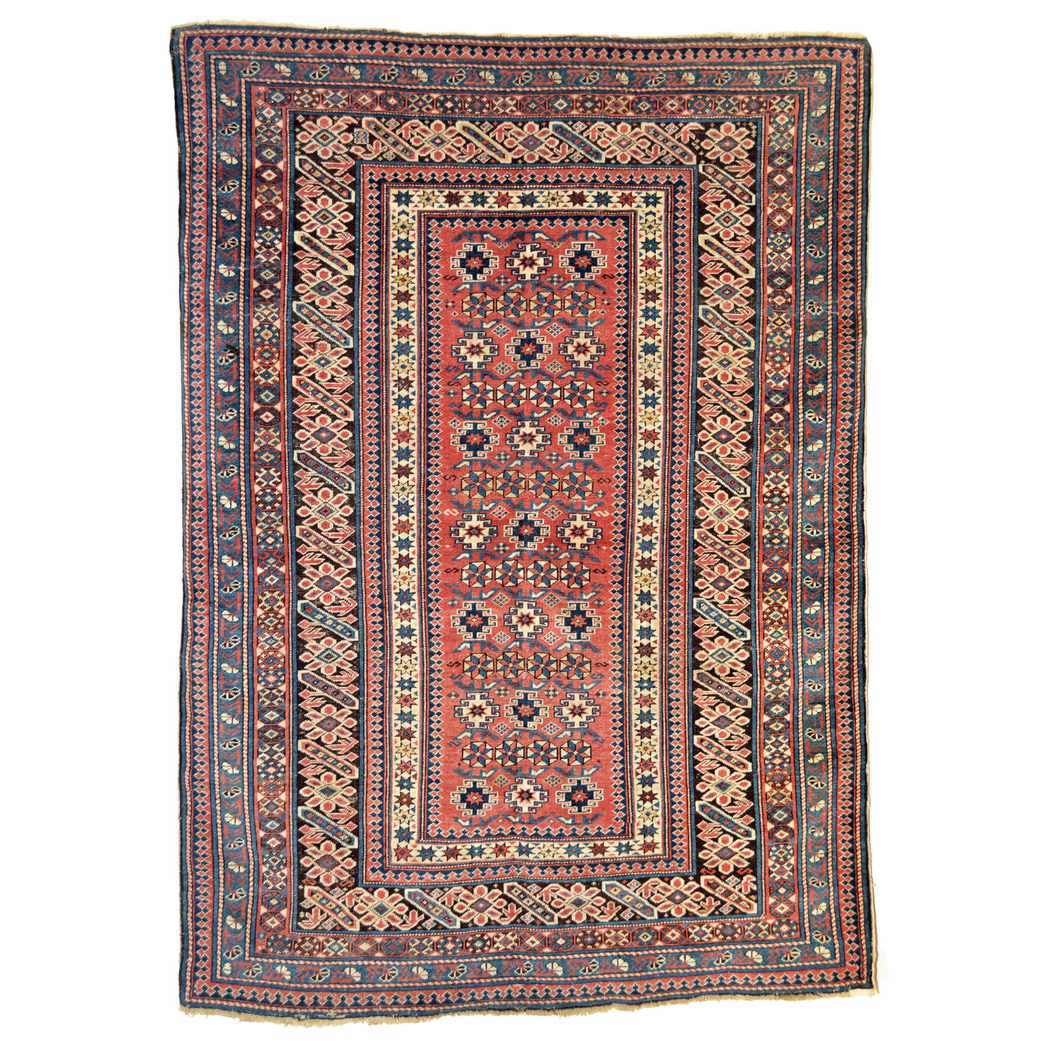 Antique Chi Chi rug, Kuba or Shirvan districts, northeast Caucasus, circa 1900 - Antique Chi Chi rugs are prized by collectors of antique Caucasian rugs for their distinctive designs. In this piece, the deep salmon color field has an all-over design framed by the classic Chi Chi style border on a brown background. Douglas Stock Gallery, antique Oriental rugs Boston,MA area and New York by appointment. Shop in South Natick, Massachusetts, New England