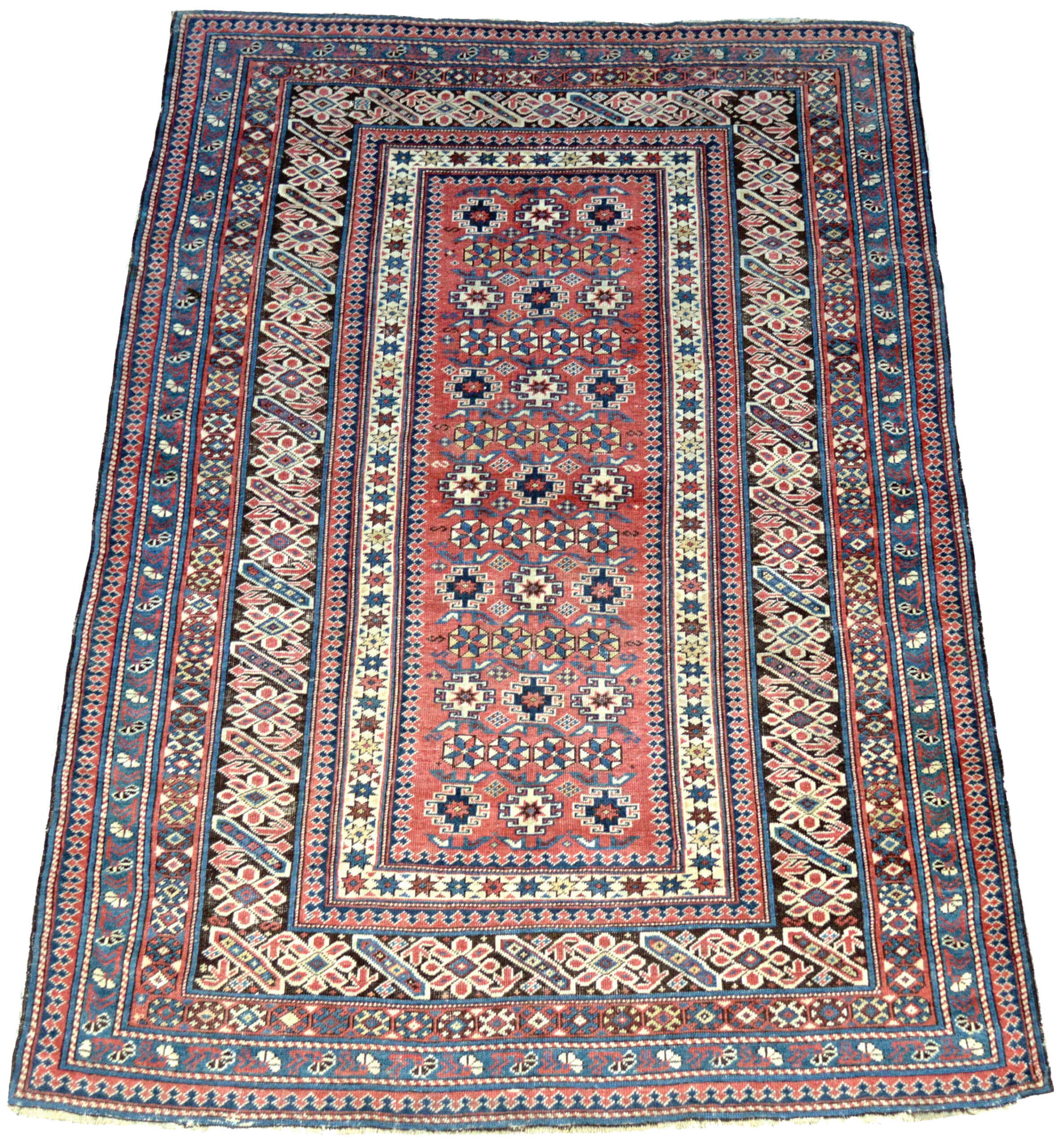 Douglas Stock Gallery, antique Oriental rugs Boston,MA area, antique rugs New England, antique Caucasian Chi Chi rug with a salmon field decorated with stylized flowers and geometric motifs