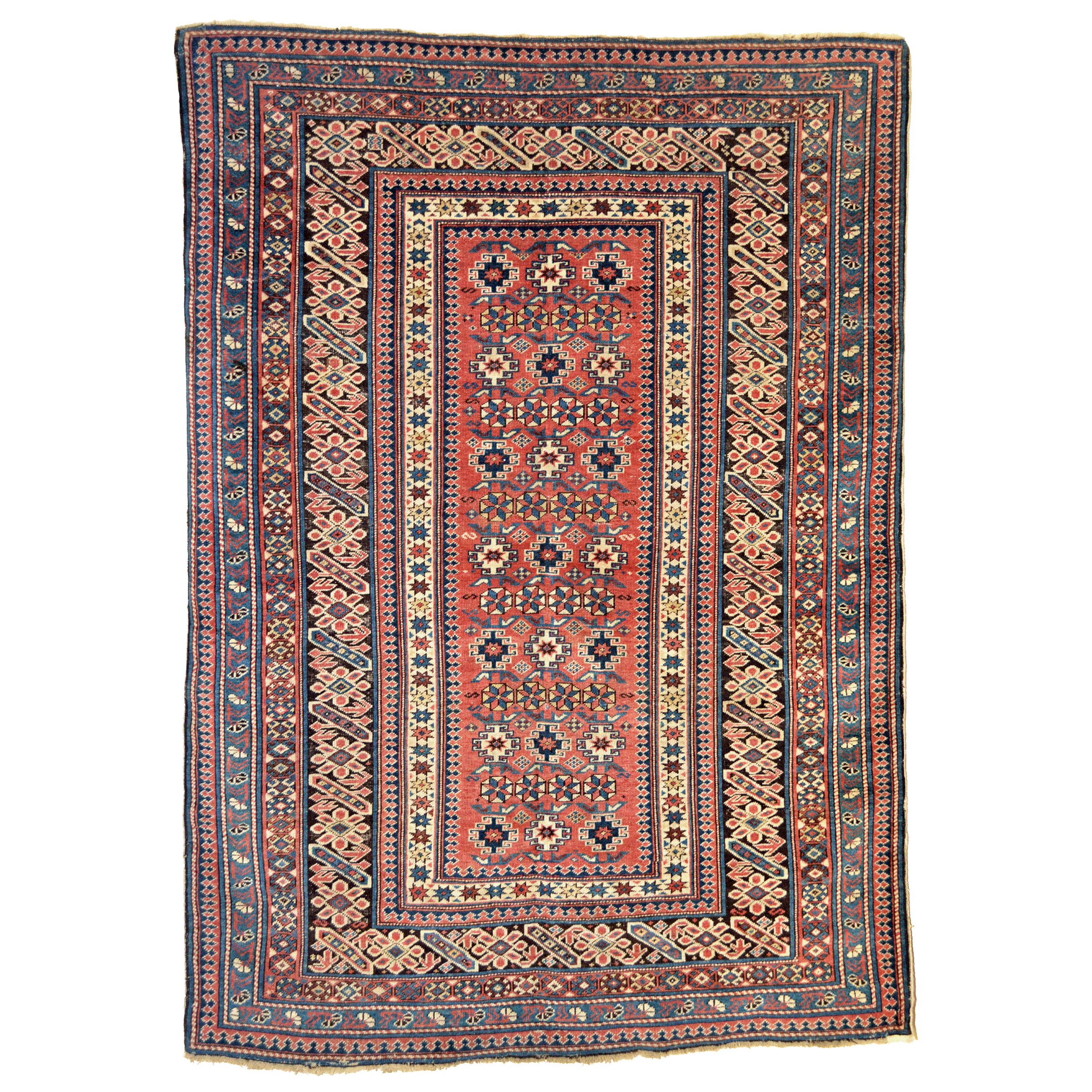 An antique Chi Chi rug from the northeast Caucasus. The salmon color field is decorated with stylized flowerheads and geometric form in shades of ivory, teal, yellow, aubergine and mid blue. An oxidized brown border in the classic Chi Chi style is complemented by an ivory interior guard border, two Reciprocal Trefoil guard borders and two additional guard borders with various stylized flowers. Douglas Stock Gallery is the Boston area's most selective dealer in antique Oriental rugs and offers a selection of antique Caucasian rugs, Persian village rugs, tribal rugs and city rugs, and new, hand woven rugs utilizing natural dyes. Oriental rugs Boston, Brookline, Newton, Weston, Wellesley, Needham, Natick,MA area New England, antique rugs New York by appointment.