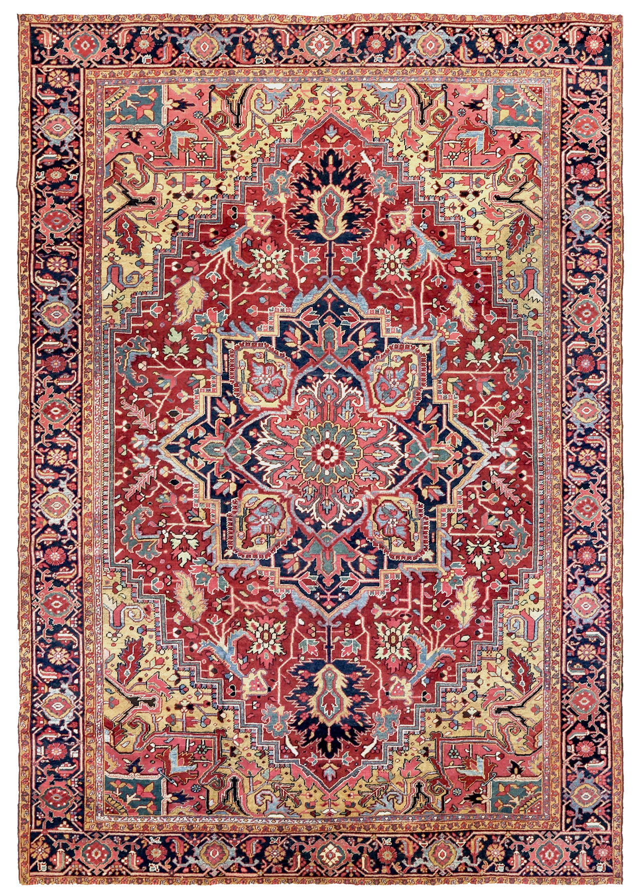 An antique Persian Heriz carpet with a navy blue medallion on a brick red field that is framed by yellow corner spandrels and a navy blue border, northwest Persia, circa 1920. Douglas Stock Gallery, antique Heriz carpets Boston,MA area, antique Heriz rugs New England, antique Heriz rugs New York by appointment, antique Heriz rugs Washington DC, Virginia by appointment