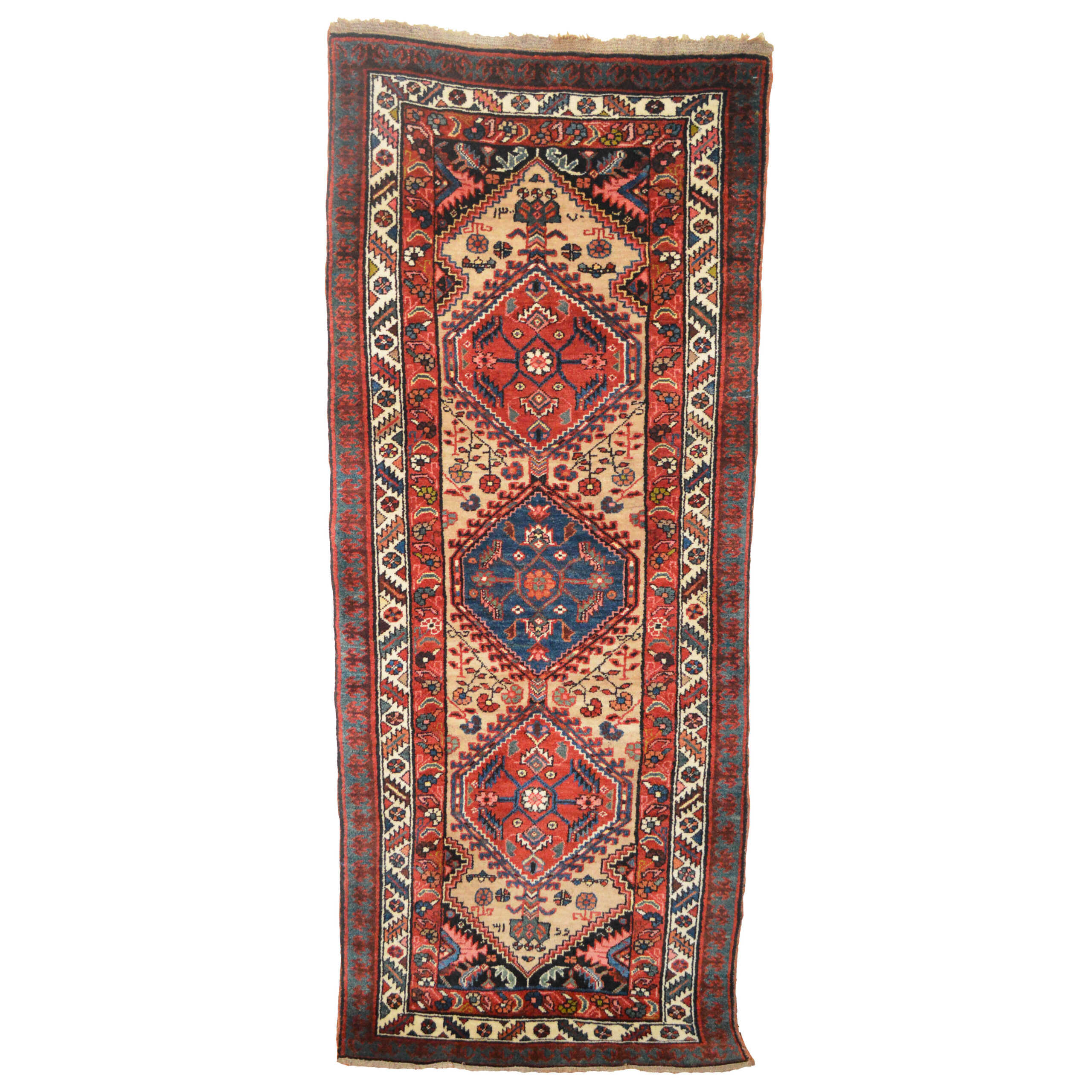 Douglas Stock Gallery, antique Oriental rugs Boston,MA area, Wellesley / Natick area, New England, an antique northwest Persian Serab rug with three medallions and stylized floral decoration on a light camel color field.