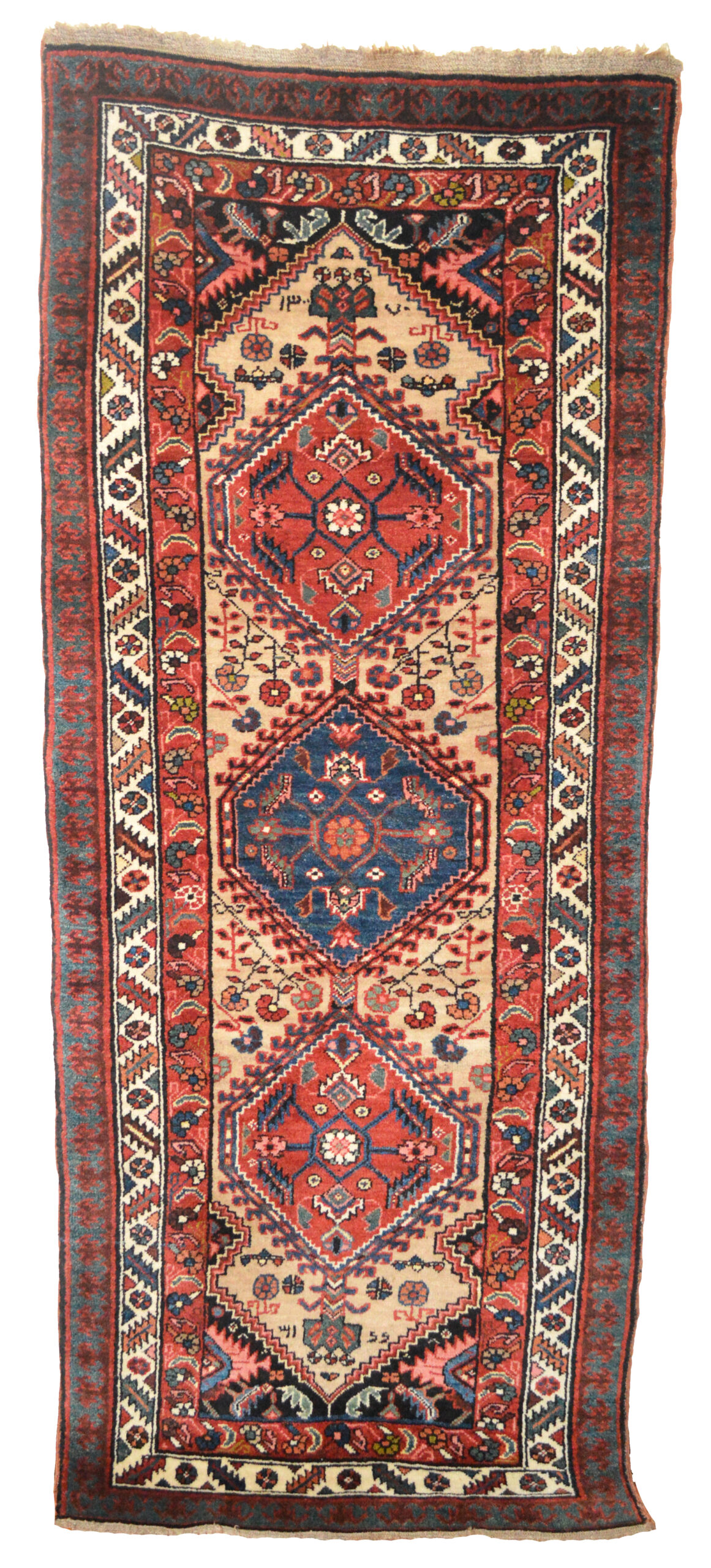 An antique northwest Persian Serab rug with medallions on a light camel color field, Douglas Stock Gallery, antique Persian rugs Boston,MA area