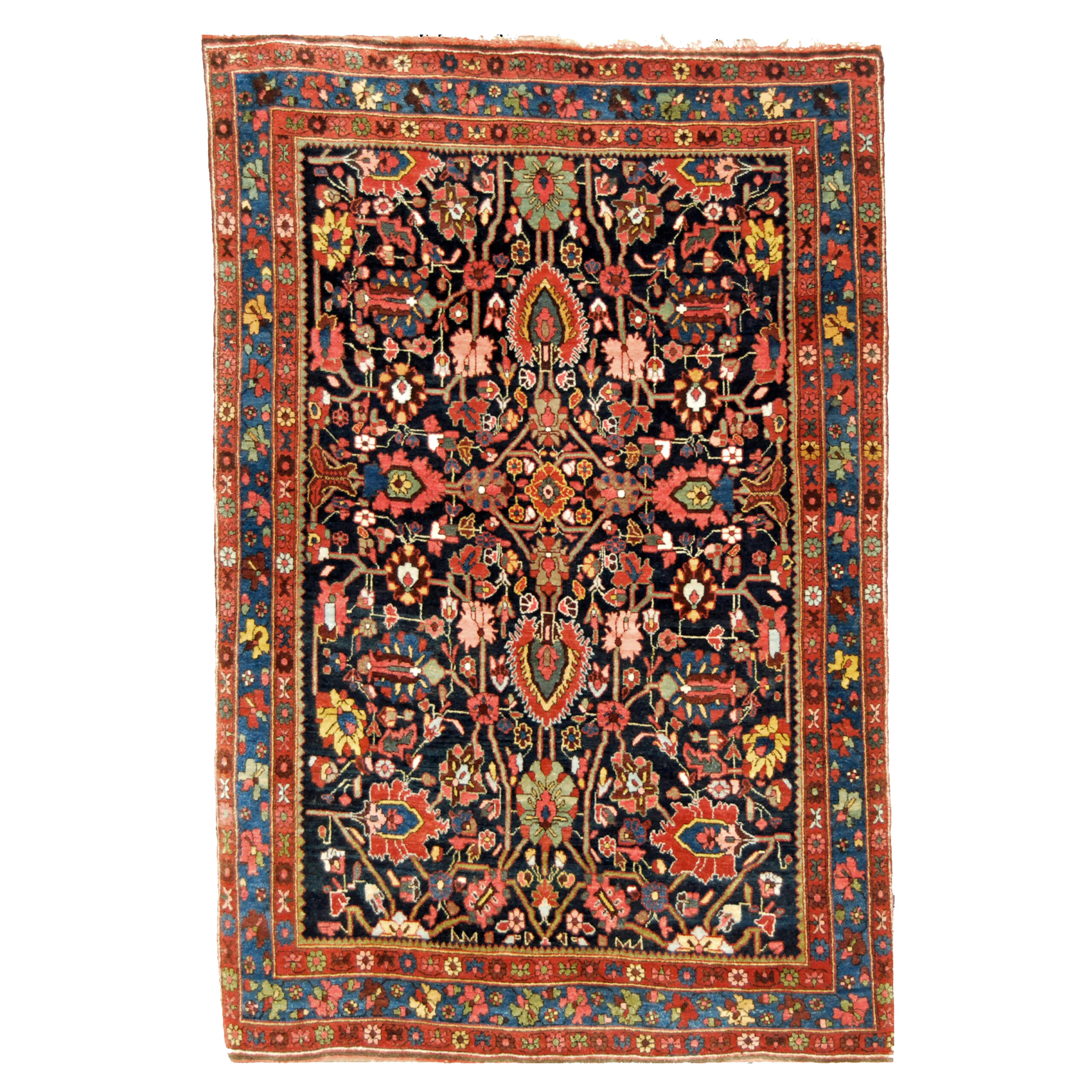 Douglas Stock Gallery Antique Oriental Rug Research Archives, antique rugs Boston,MA area - An antique Persian Bidjar rug with palmettes and flowers on a navy blue field, circa 1920