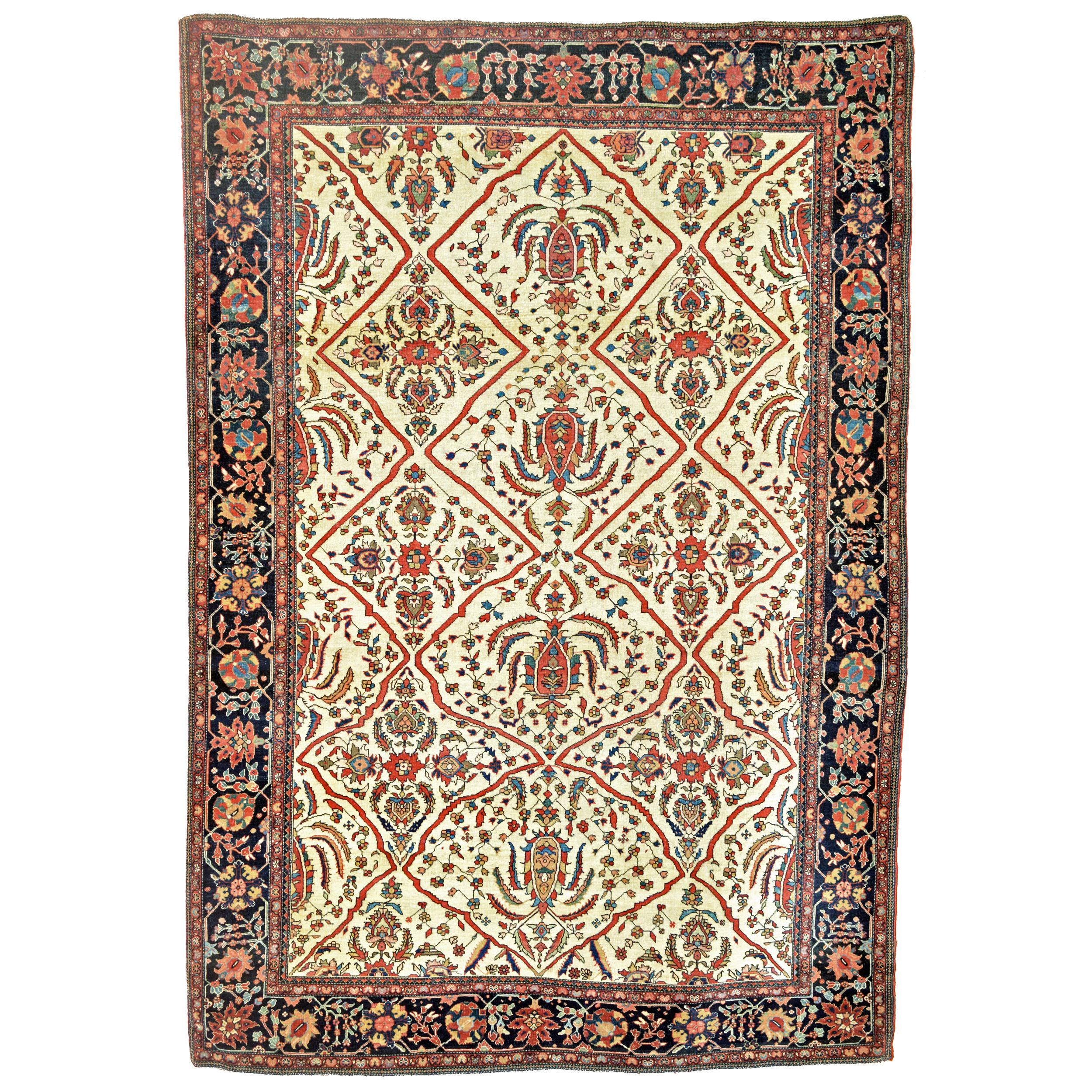 Douglas Stock Gallery, Antique Oriental rugs Boston,MA area. From our Antique Oriental Rug Research Archives, this is an important antique Persian Fereghan Sarouk rug with a lattice style design with palmettes, leaves and flowers on an ivory field, central Persia, circa 1880