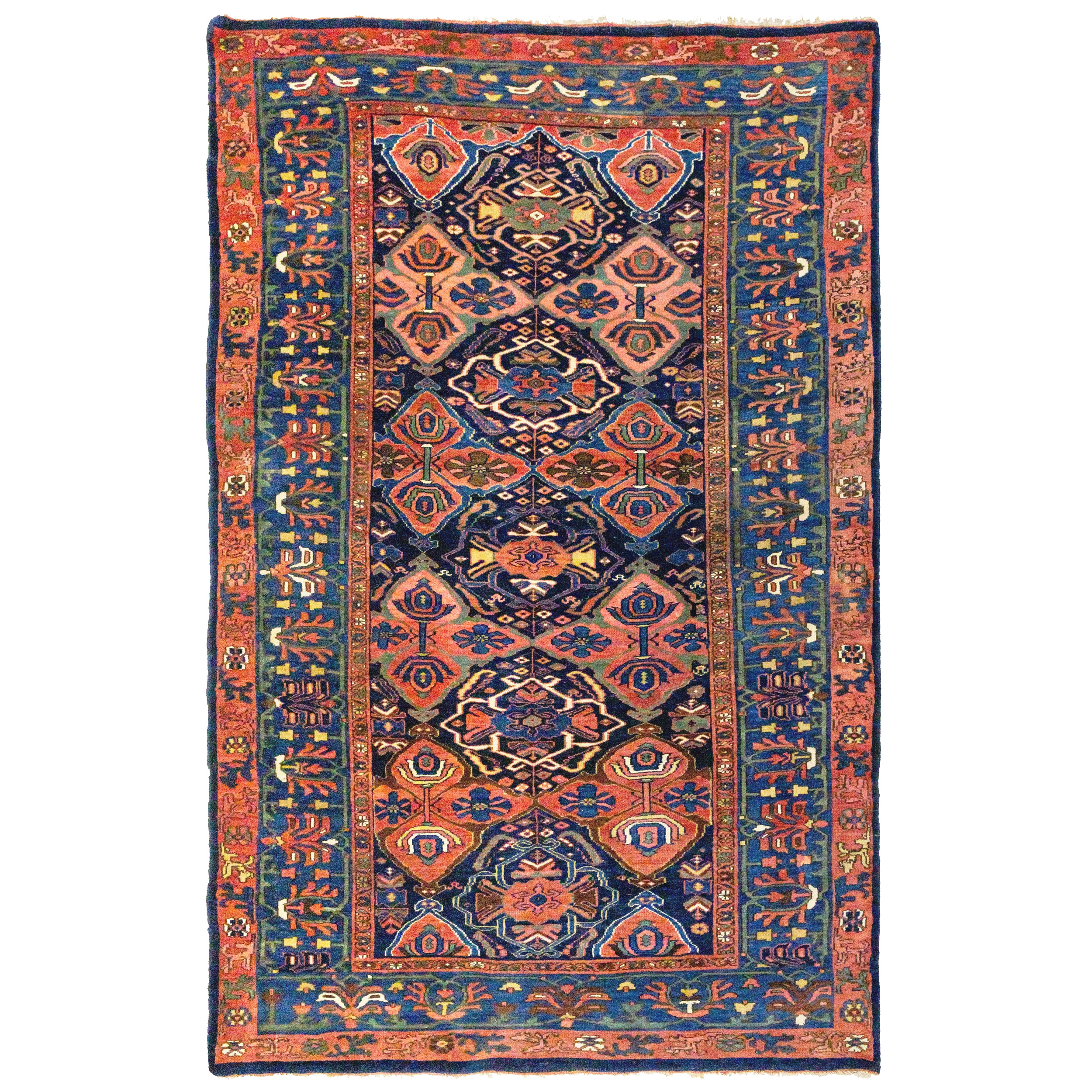 An excellent quality antique Bidjar (sometimes spelled "Bijar') rug from northwestPersia's Kurdistan province, circa 1900. The navy field features quatrefoil motifs and is framed by a mid blue border with green highlights. Douglas Stock Gallery is one of America's leading specialist dealers in antique Bidjar rugs, room size antique Bidjar carpets, Bidjar runners and Kurdish nomadic weavings from the Bidjar area. Antique Bidjar rugs Boston,MA area