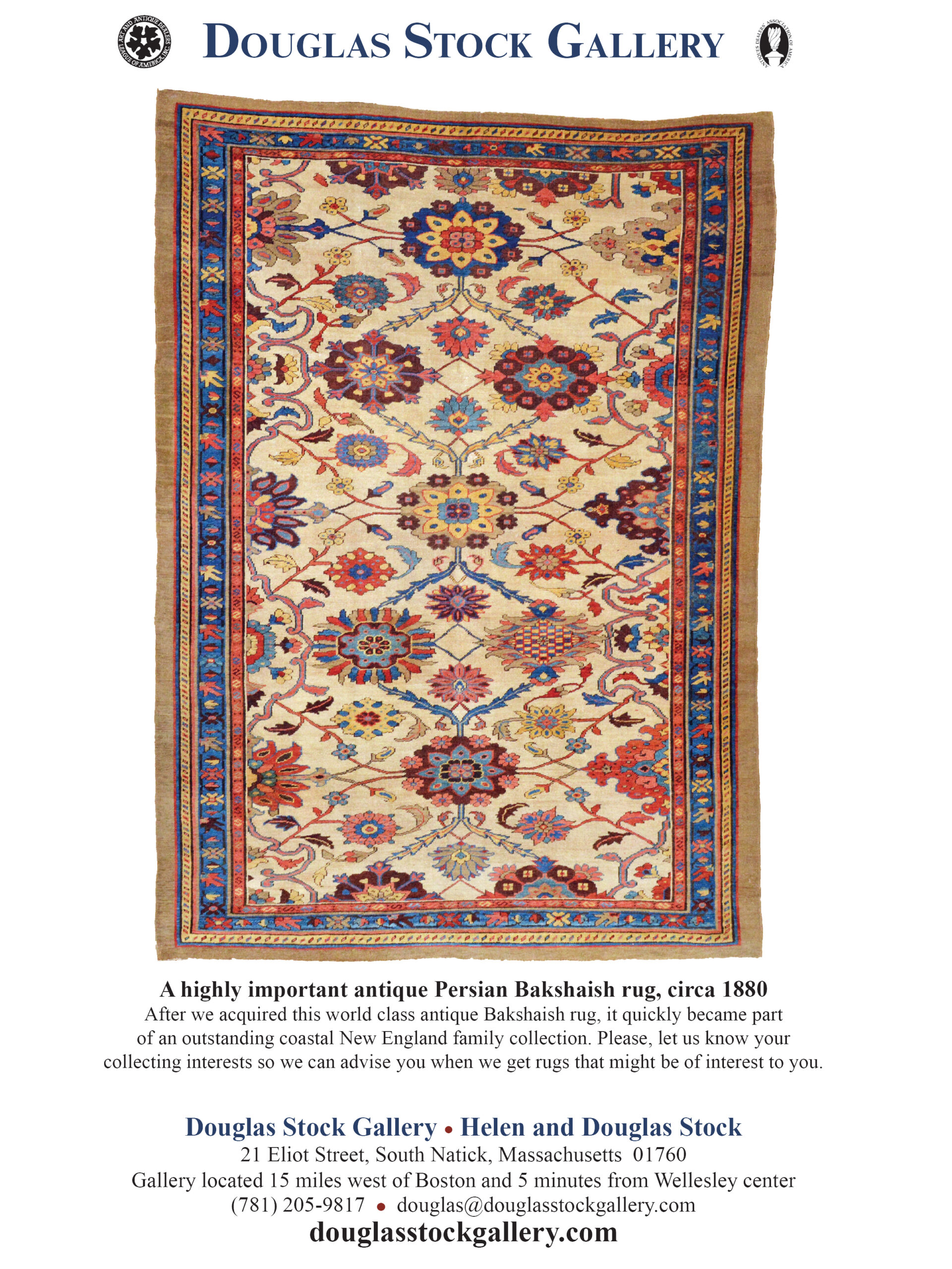 Douglas Stock Gallery advertisement for a highly important antique northwest Persian Bakshaish rug in the November / December 2021 issue of The Magazine Antiques