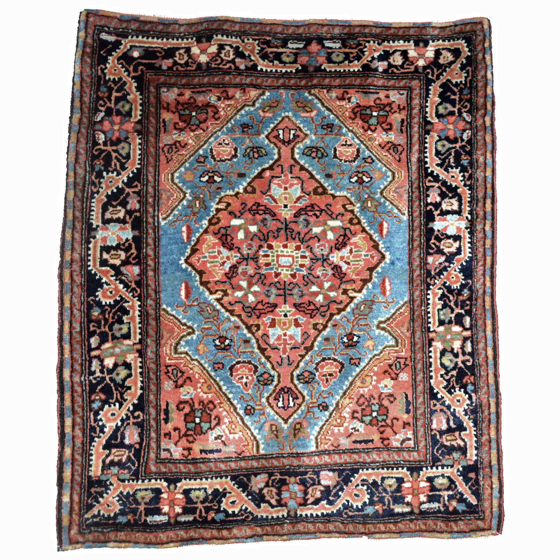 A small antique Persian Jozan Sarouk rug in the approximately 2' x 3' size sometimes referred to as a "mat" or "poshti'. The light blue field is decorated with a coral color medallion and framed by coral spandrels and a navy blue border. Douglas Stock Gallery, antique Oriental rugs Weston, Wellesley, Dover, Sherborn, South Natick,MA area, antique rugs New England