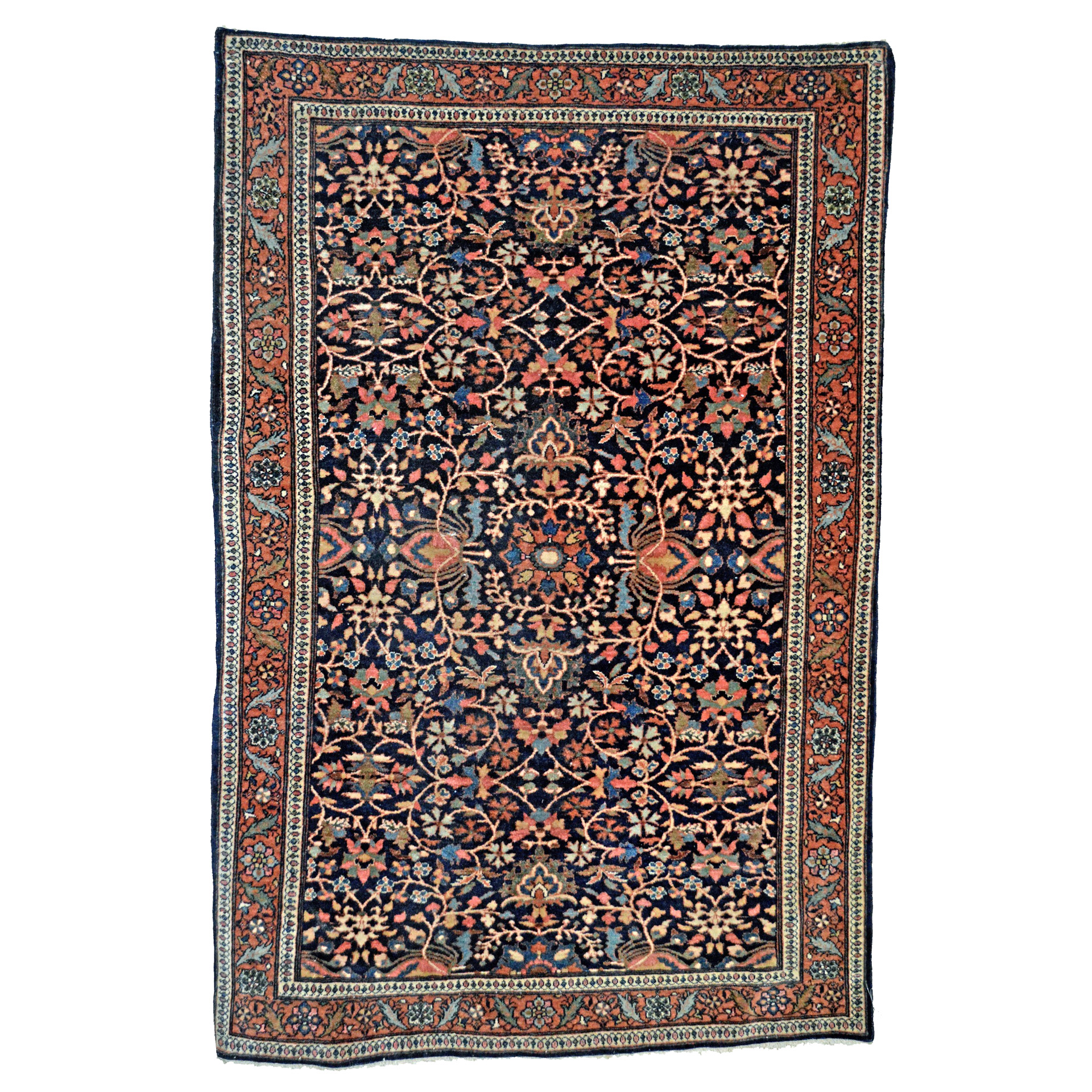 Douglas Stock Gallery Antique Oriental Rug Research Archives, antique Fereghan Sarouk rug with an all-over design on a navy blue field that is framed by a terra cotta color border, central Persia, circa 1910, antique Oriental rugs Boston,MA area