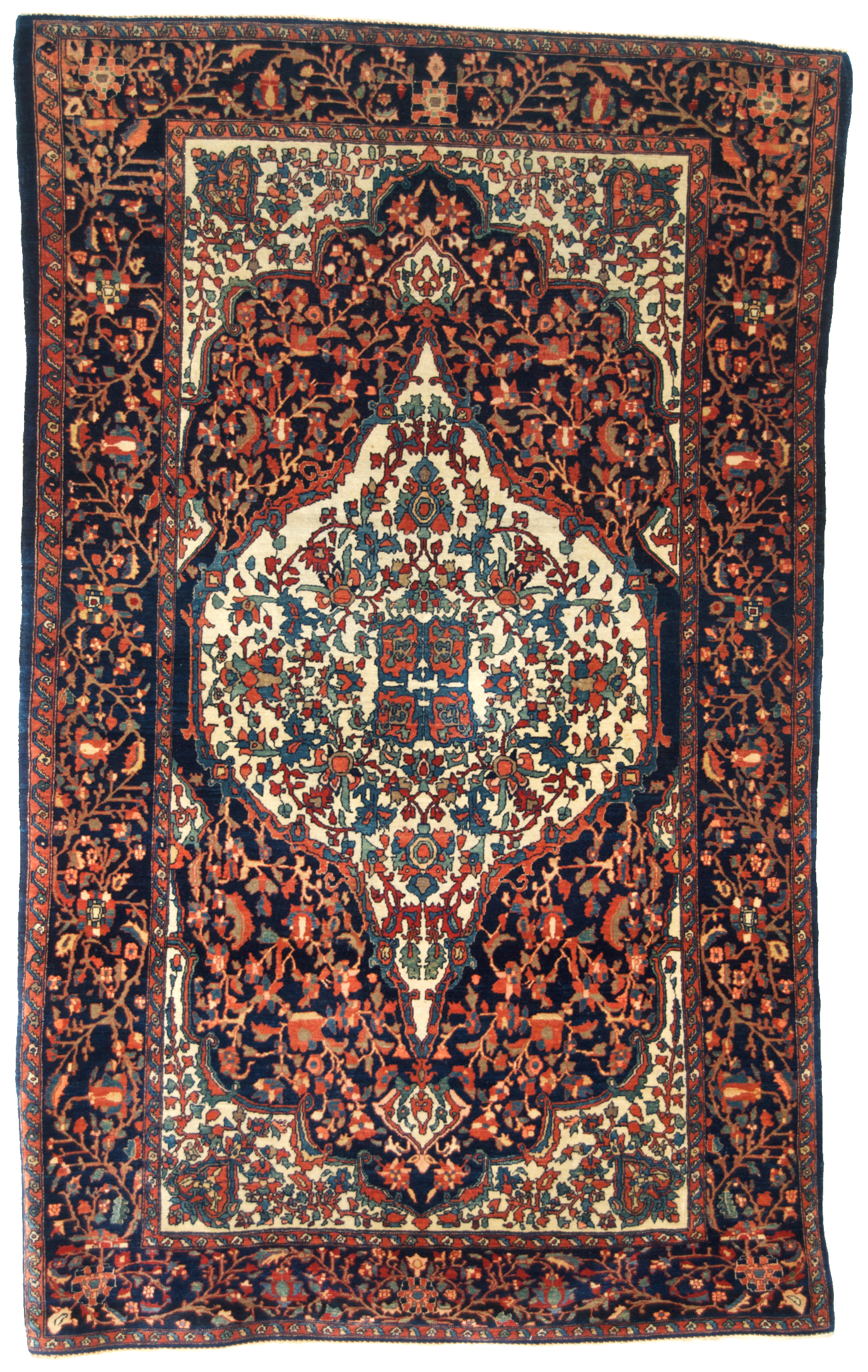 A fine antique Persian Fereghan Sarouk rug with an ivory medallion on a navy blue field, central Persia, circa 1885 - Douglas Stock Gallery Antique Oriental Rug Research Archives