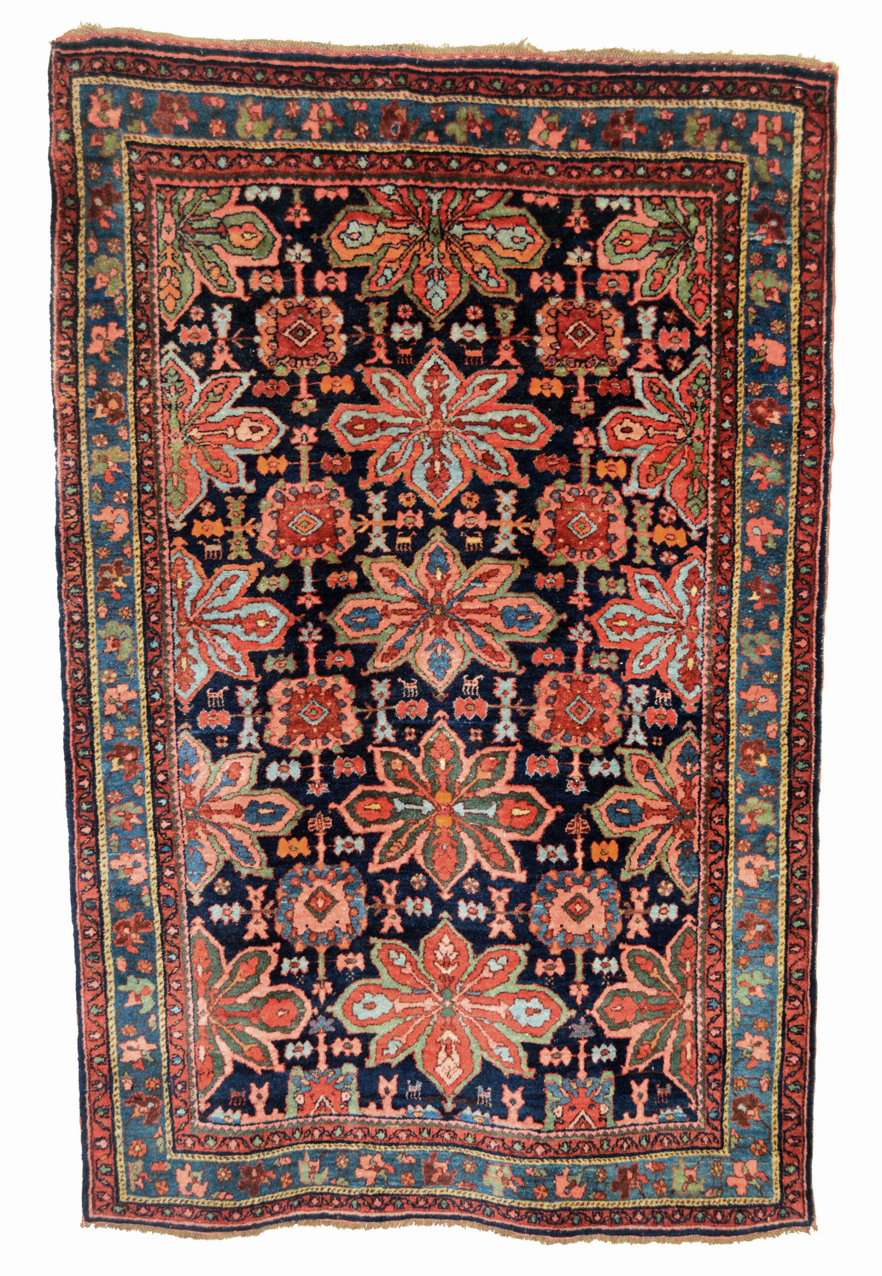 An antique northwest Persian Kurdish rug from the Bidjar area with the heavy weight characteristic of rugs from this region. The navy blue field is decorated with an all-over design of large large, multi color eight point stylized flowers and ancillary stylized floral elements and small, heavily stylized animals. A mid blue border frames the field. Douglas Stock Gallery is the Boston area's most selective dealer in antique Oriental rugs. Shop in historic South Natick, MA is located 5 minutes from Wellesley center and open by appointment Monday to Saturday.