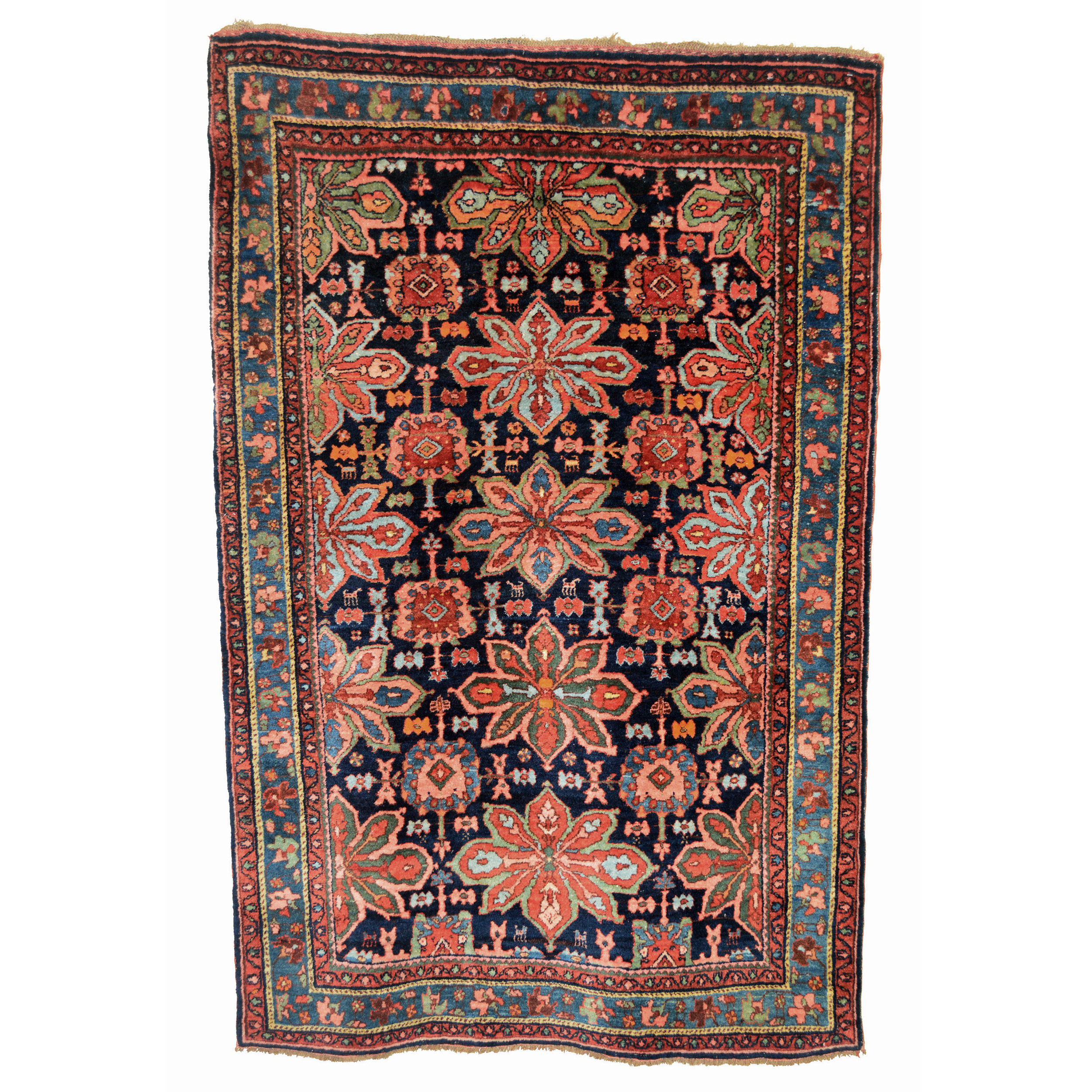Antique Persian Bidjar with large, multi color stylized flowerheads on a navy blue field. A mid blue border frames the field. Northwest Persia, circa 1915 - Douglas Stock Gallery is the Boston area's most selective dealer in antique Oriental rugs. Our shop in South Natick,MA is open by appoint Monday to Saturday.