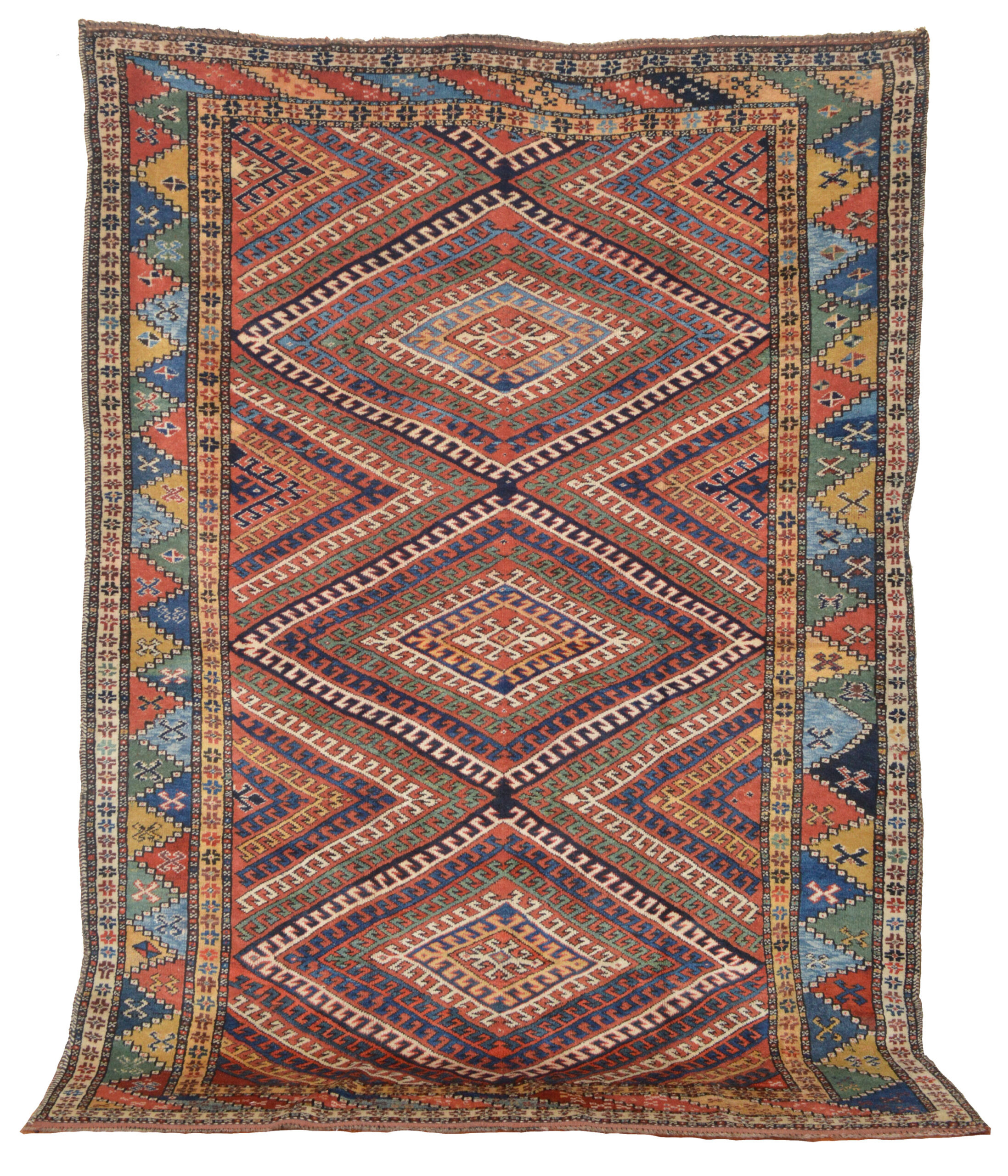 Douglas Stock Gallery, antique Oriental rugs Boston,MA area, antique tribal rugs. An antique south Persian Luri tribal rug of unusually large size and featuring a polychromatic "eye dazzler" design, circa 1880.