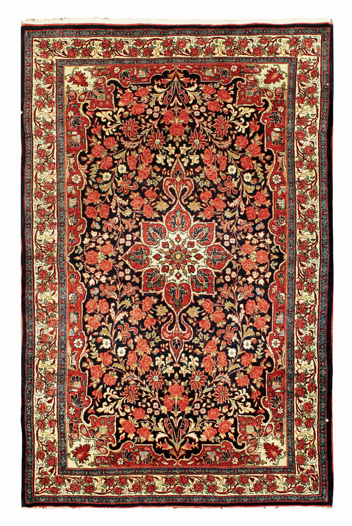An antique Persian Bidjar rug with a central medallion on a navy blue field. The field is decorated with various flowers and leaves and framed by red scorner spandrels that extend vertically up the sides of the field to connect. An ivory border with a scrolling vine and roses frames the field. Douglas Stock Gallery, antique Oriental rugs Boston, Brookline, Newton, Wellesley, Weston, Natick , MA area New England