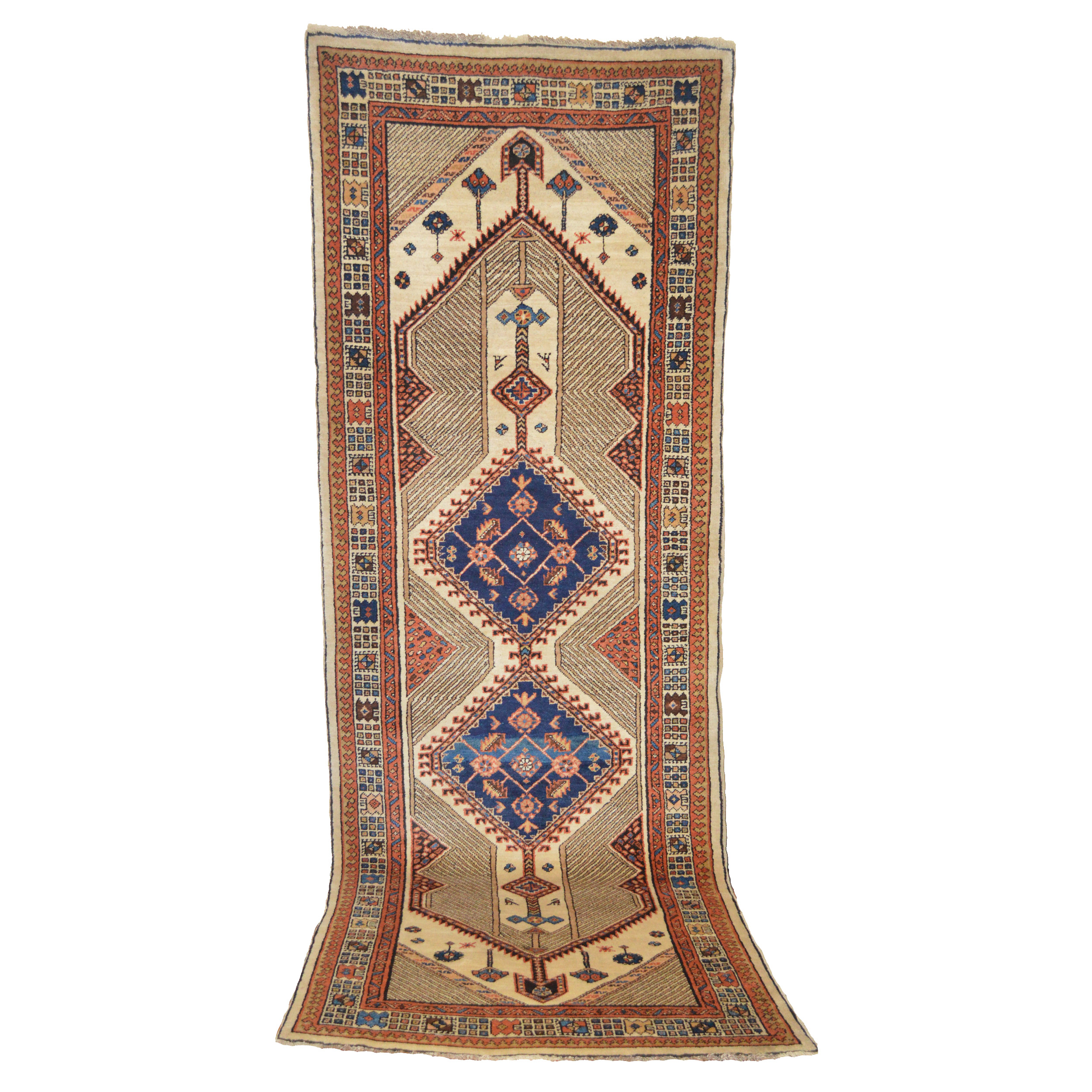An antique Persian Serab rug with two mid blue medallions on an ivory field that is also decorated with camel color zig zag lines. A light green and soft red outer Reciprocal Trefoil border and an ivory major border with geometric motifs frame the field. Douglas Stock Gallery, antique Oriental rugs Boston,Ma area, antique Persian runners