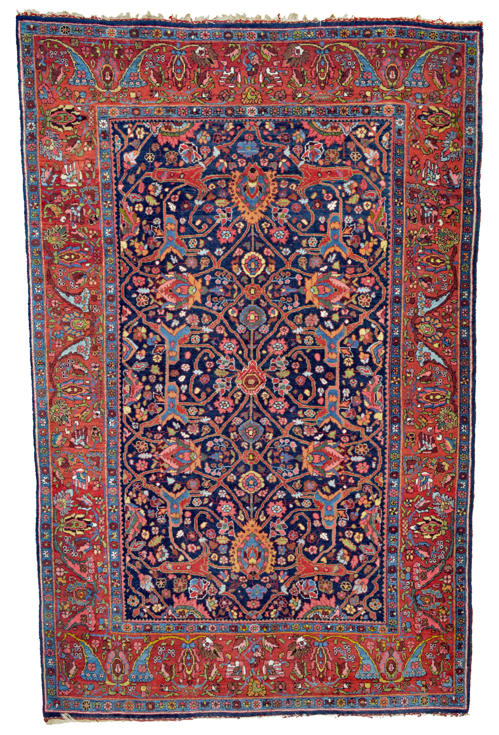 An antique Persian Bidjar measuring approximately 4'7" x 7'2" and featuring a version of the Split Arabesque design on a navy blue field that is framed by a brick red border. A remarkable range of colors is featured including mid blue, apricot, sky blue, brick red, navy blue, green, coral and ivory. Douglas Stock Gallery, antique Persian rugs Boston,MA area, Wellesley, Weston, Newton, Brookline, Needham, Dover, Lexington, Sherborn, Marblehead, Natick,MA area.