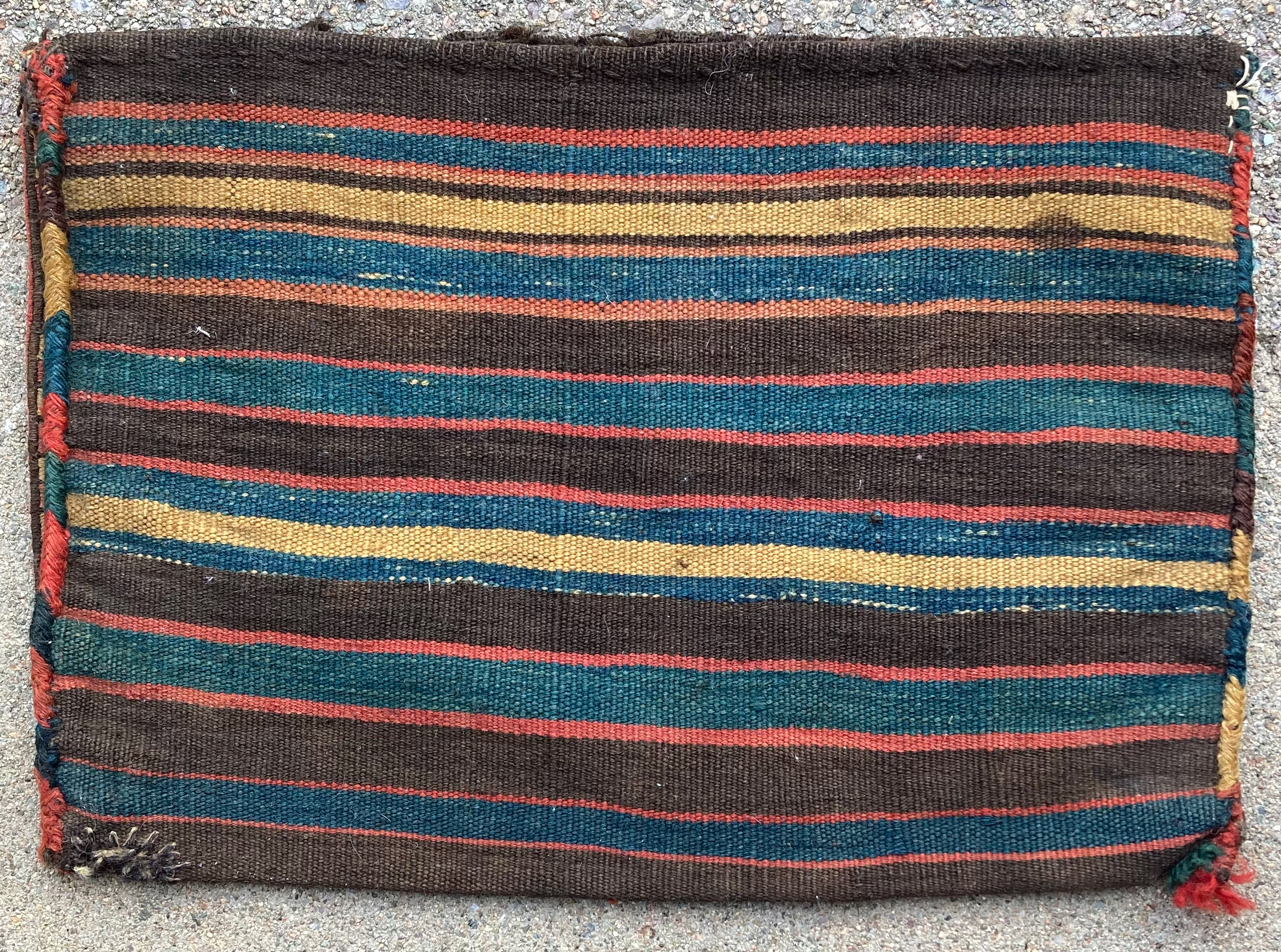 Striped flat woven kilim back from an antique Caucasian miniature Soumak technique bag with a blue field, Douglas Stock Gallery, antique collectable bags, bag faces