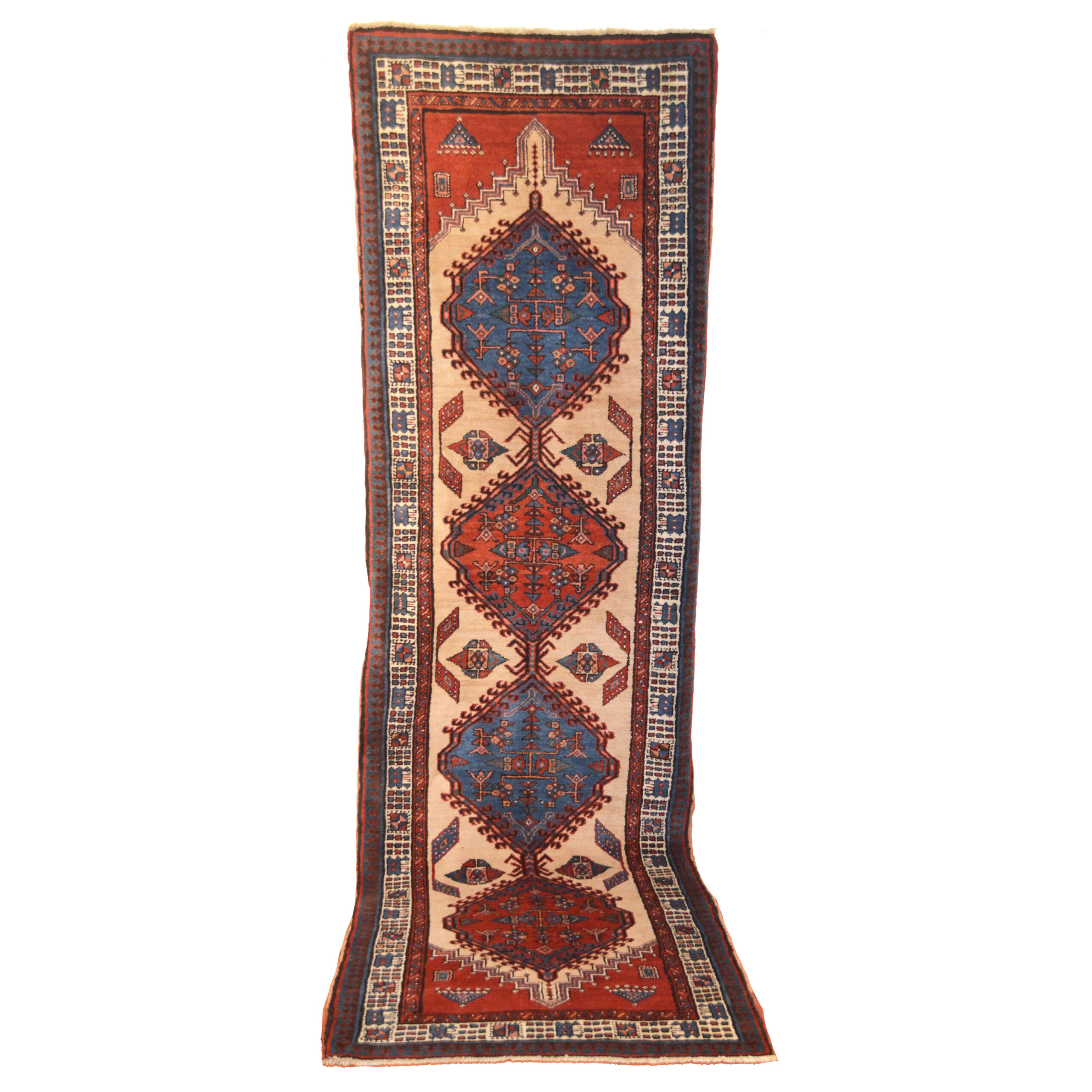 A vintage Persian Serab runner with four medallions on a light camel color field that is framed by an ivory border, circa 1930 - Douglas Stock Gallery, vintage Oriental rugs Boston,MA area New England