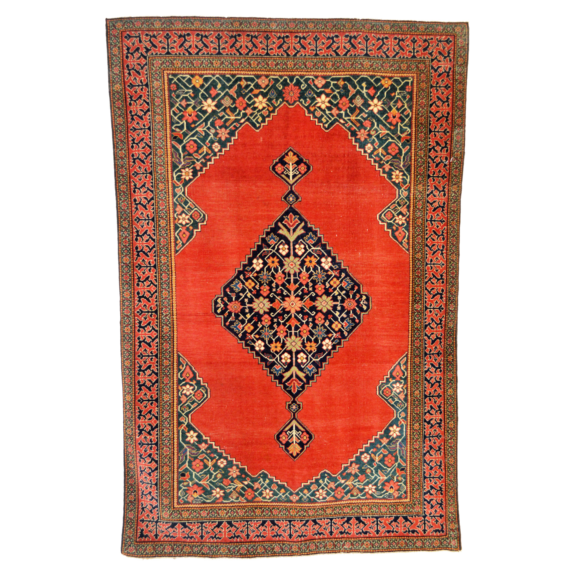 Douglas Stock Gallery is a nationally regarded dealer in antique Oriental rugs that is based in the Boston,MA area but works with a clientele across the United States. Featured here is an antique Persian Fereghan rug with a red open field that is decorated with a navy blue medallion and framed by green corner spandrels and a baby blue and red major border with grass green guard borders, central Persia, circa 1895. Douglas Stock Gallery, antique Oriental rugs Boston, Cambridge, GBelmont, Lexington, Concord, Weston, Wellesley, Natick,MA area.
