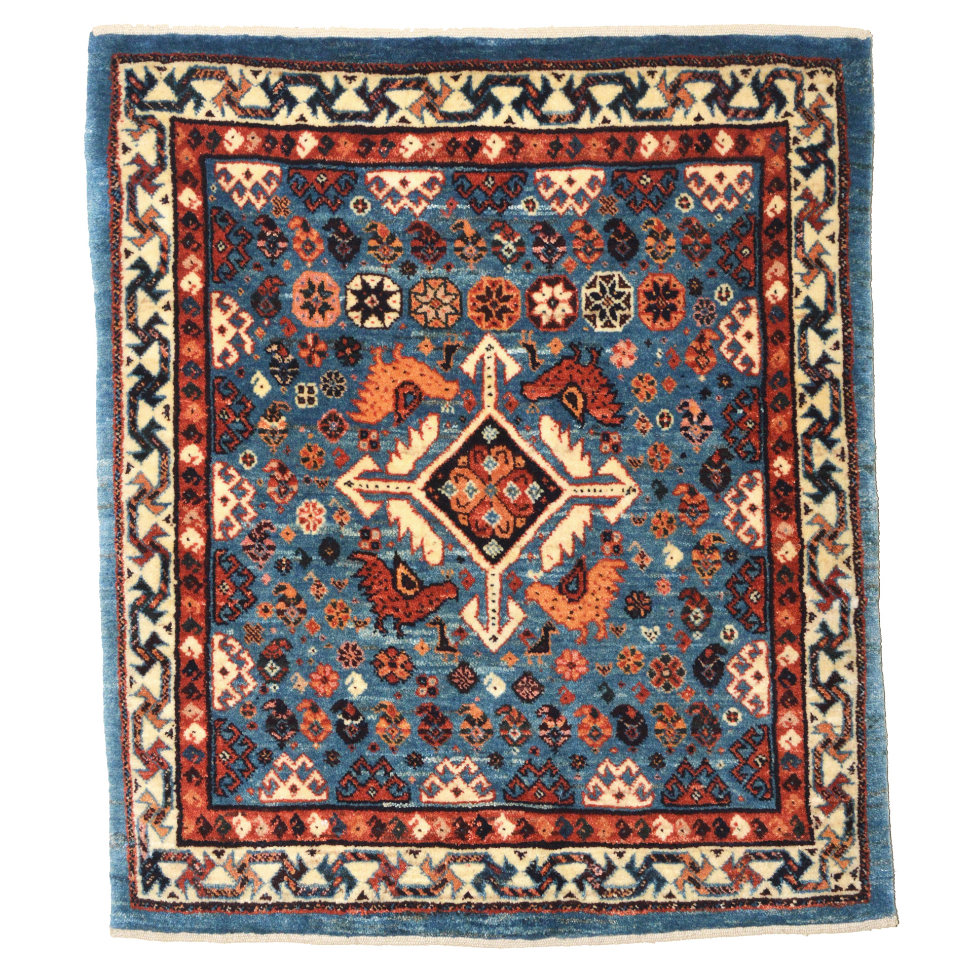A new, hand woven QashQa'i rug utilizing natural dyes and hand spun wool. The deep sky blue field is decorated with stylized birds, small animals, Boteh and geometric motifs. Douglas Stock Gallery is the Boston area's most selective dealer in antique Oriental rugs and new, hand woven natural dye rugs. Oriental rugs, Beacon Hill, Back Bay, Brookline, Newton, Weston, Wellesley, South Natick,MA area, Oriental rugs New England