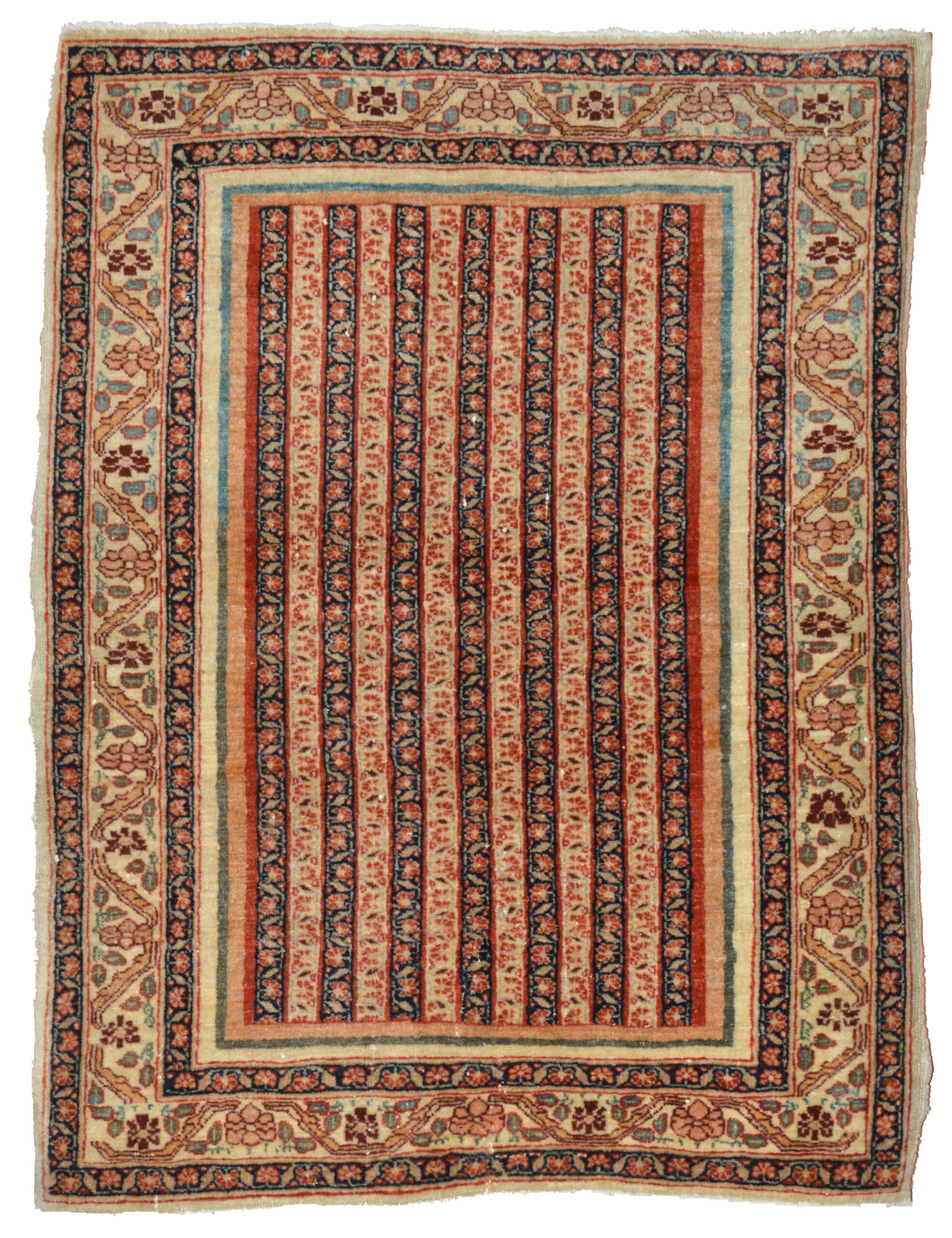A finely woven antique Persian Tabriz rug with vertical stripes that are decorated with scrolling vines and flowers. A wide, ivory border frames the field. Northwest Persia, circa 1895. Douglas Stock Gallery is one of America's most selective dealers in antique Oriental rugs and antique Persian carpets, antique rugs Boston,MA area, New England, antique rugs by appointment New York, antique rugs Washington DC