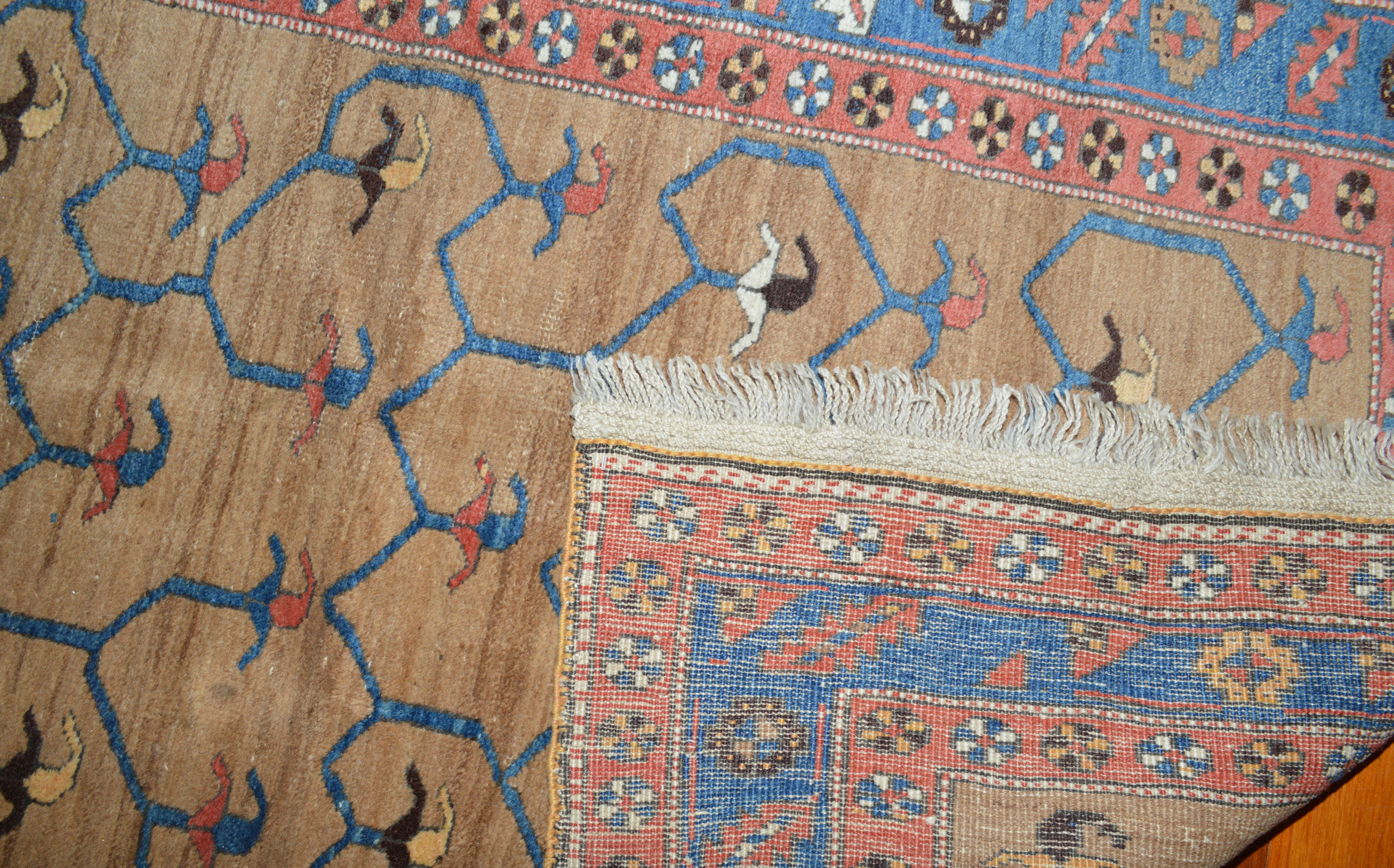 Weave detail from an antique northwest Persian Bakshaish runner rug. Sky blue vines with small flowers decorate the camel color field which is framed by a sky blue Leaf and Tower border with coral guard borders, circa 1900. Douglas Stock Gallery, antique Oriental rugs Brookline, Newton, Wellesley, Weston, South Natick,MA area, antique rugs New York by appointment, antique rugs New England, antique rugs Los Angeles
