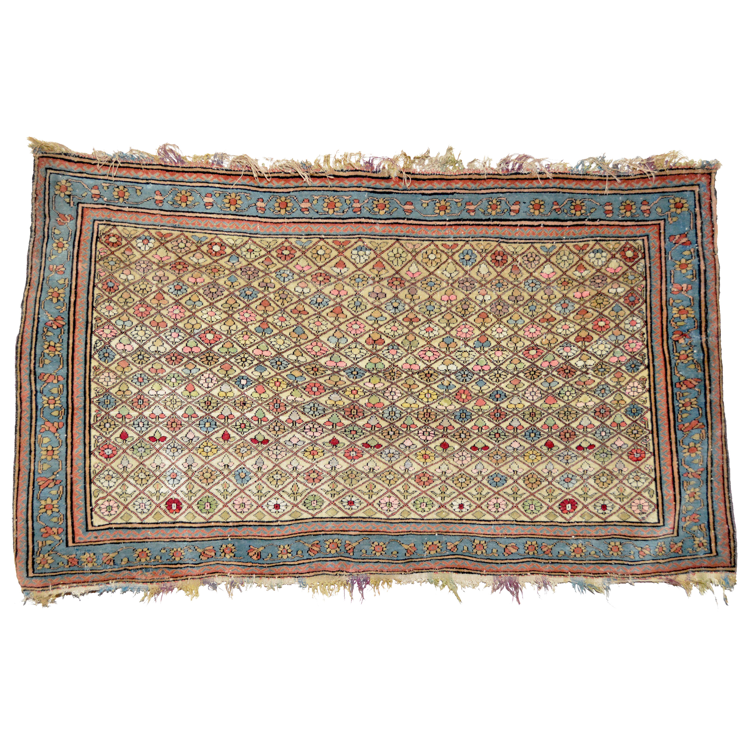 An antique Persian Mohtasham Kashan 'mat" or "poshti" (a small rug approximately 2 feet by 3 feet in size) with a lattice and flower design on an ivory field framed by a mid blue borer, circa 1885. Douglas tock Gallery specializes in antique ohtasham Kashan rugs and room size carpets.