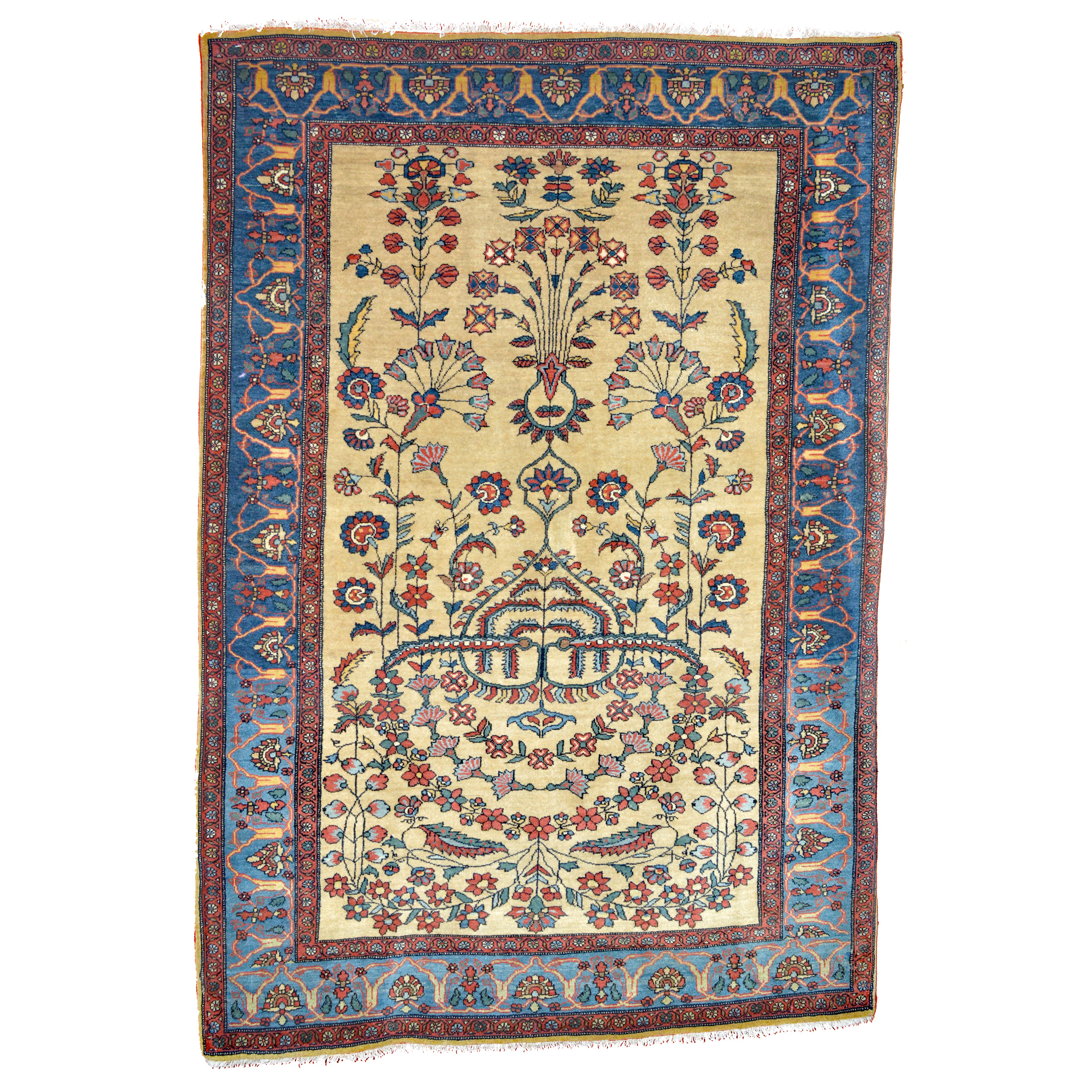 A densely woven antique Persian Fereghan Sarouk with an ivory field decorated with stylized leaves and flowers and framed by an abrashed sky blue to mid blue border - Douglas Stock Gallery, antique Orental rugs Boston Beacon Hill, Back Bay, Cambridge, Belmont, Concord, Wellesley, Weston, South Natick,MA area