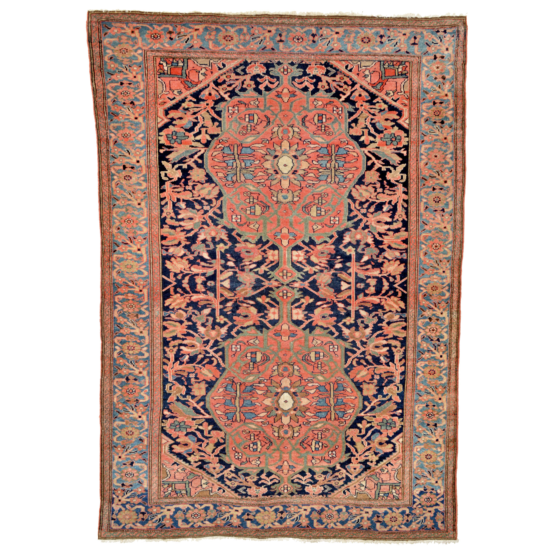 An antique west Persian Melayer rug circa 1900, with two coral color medallions on a navy blue field that is framed by a light blue border. Stylized floral designs are seen through most of the rug. Douglas Stock Gallery is one of New England's most selective dealers i antique Persian rugs, serving Brooklin, Newton, Wellesley, Weston, Needham, Natick and other town in Boston Metrowest and the Boston nNorth Shore and Boston South Shore.