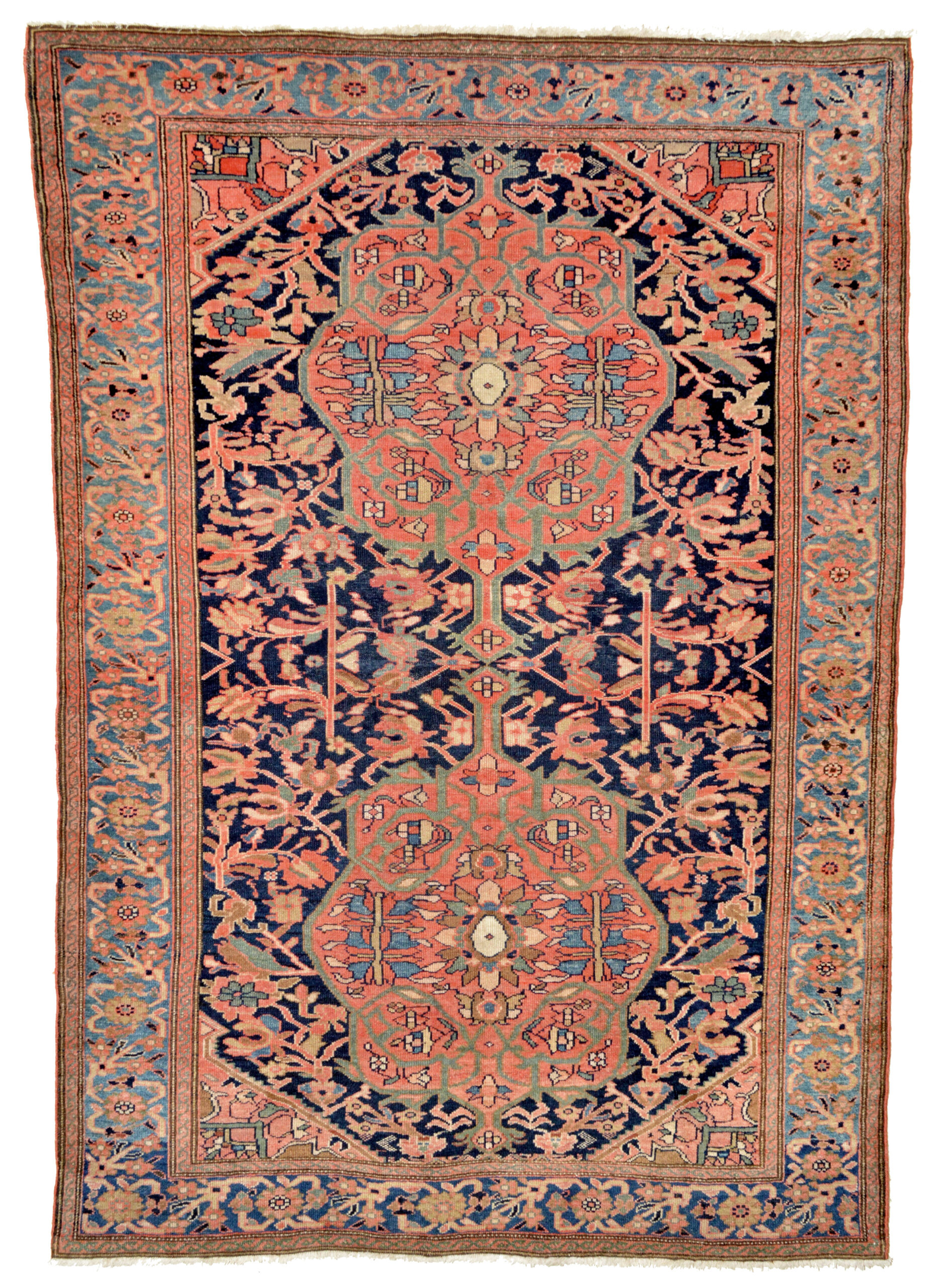 Antique Persian Melayer rug with stylized floral motifs on a navy field that contains two coral color medallions and is framed by a light blue border, west Persia, Circa 1900. Douglas Stock Gallery is one of the Boston area's most selective dealers in antique Persian rugs and antique Oriental rugs, antique rugs Boston Back Bay and Beacon Hill, antique rugs Brookline, antique rugs Newton, antique rugs Wellesley, antique rugs Belmont, antique rugs Concord, antique rugs West antique rugs Wellesley, antique rugs Natick,MA, antique rugs New England, antique rugs New York by appointment.