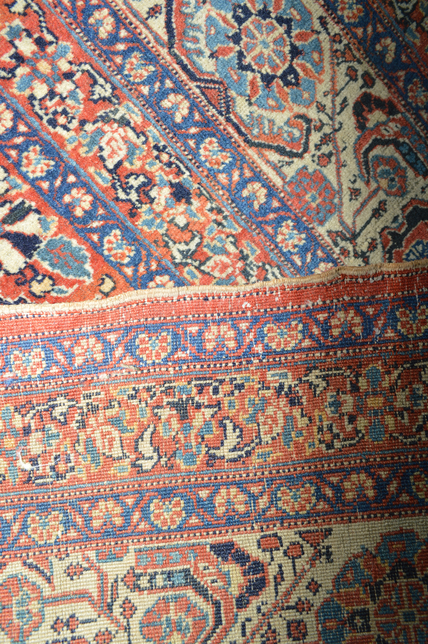 Weave detail of an antique Persian Tabriz rug with an ivory field and complex border system, circa 1915 - Douglas stock Gallery, antique Persian rugs Boston,MA area New England, antique rugs New York, antique rugs Washington DC