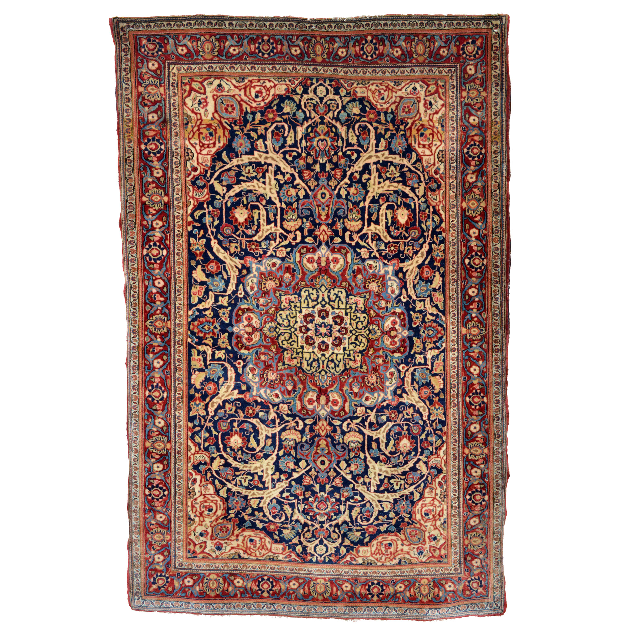 A finely woven antique Persian Fereghan Sarouk rug with a complex floral design on a navy blue field. Doulas Stock Gallery is one of America's leading specialist dealers in antique Persian Fereghan Sarouk rugs and room size Fereghan Sarouk carpets. Antique Oriental rugs Boston,MA area South Natick
