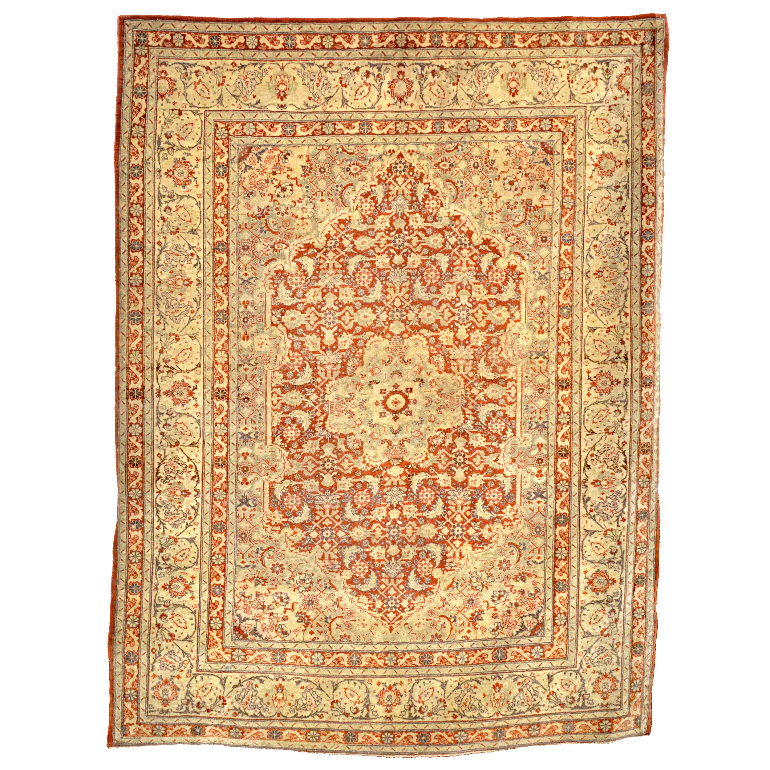 A fine late 19th century Persian Tabriz rug with the classical "Herati" design on a light terra cotta color field that is framed by an ivory border. Boston,MA area based Douglas Stock Gallery is one of America's most selective dealers in antique Oriental rugs. Antiquerugs Brookline, Newton, Wellesley, Natick,MA area